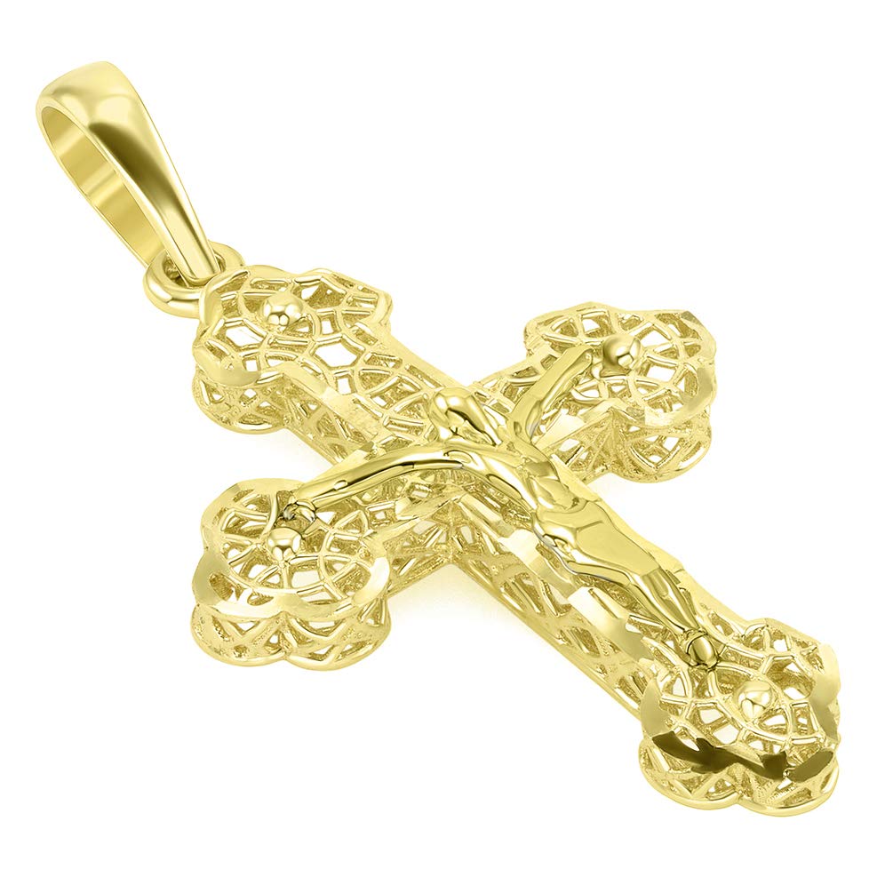 14K Yellow Gold Textured Filigree Eastern Orthodox Cross 3D Jesus Crucifix Pendant with Rolo/Curb/Figaro Chain - Religious Jewelry for Baptism, Confirmation & Spiritual Gifts