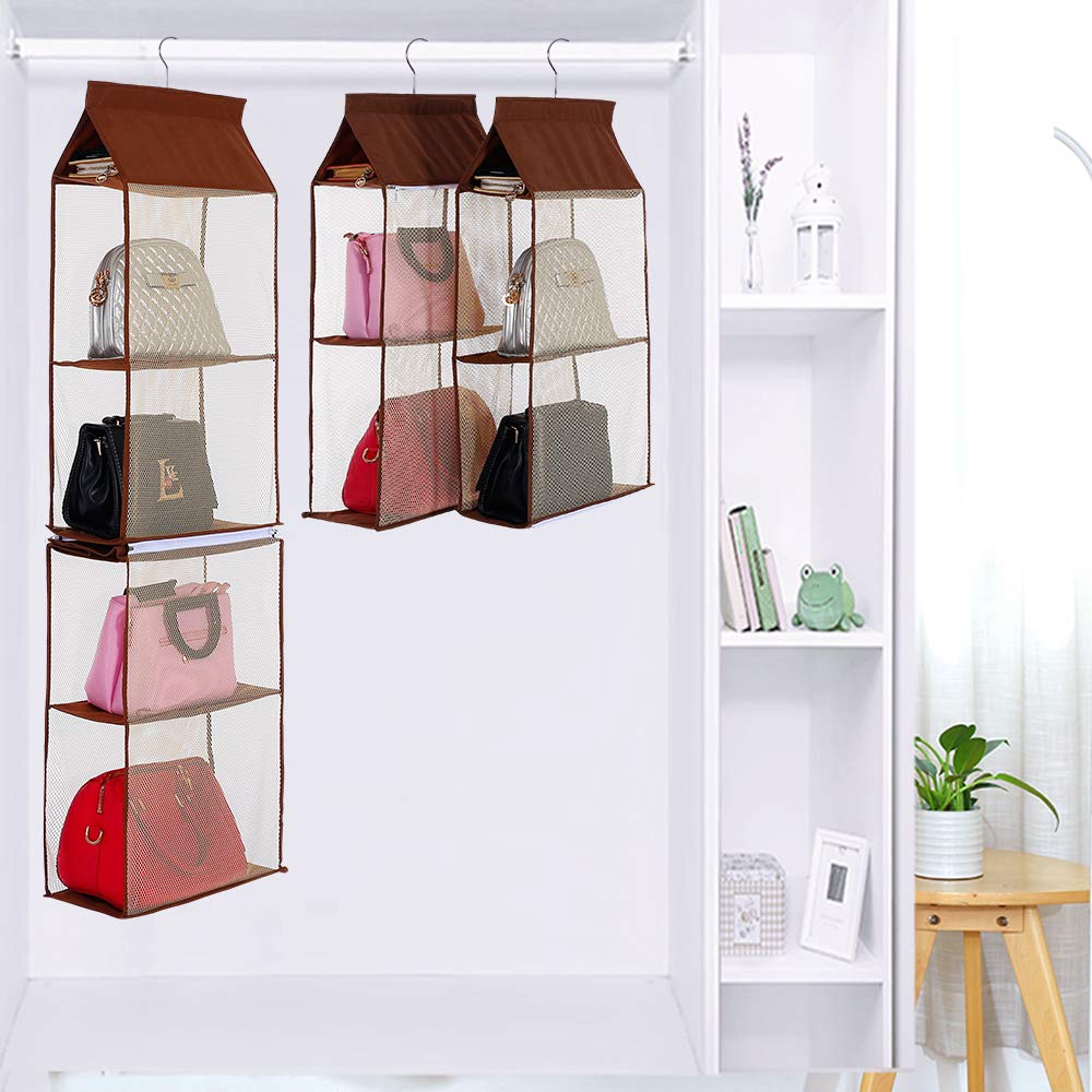 Keepjoy Hanging Handbag Organizer - 4-Tier Heavy Duty Mesh Closet Purse Storage with Detachable Design for Handbags, Purses & Accessories (Brown) - Perfect for Bedroom, Closet & Dorm Organization