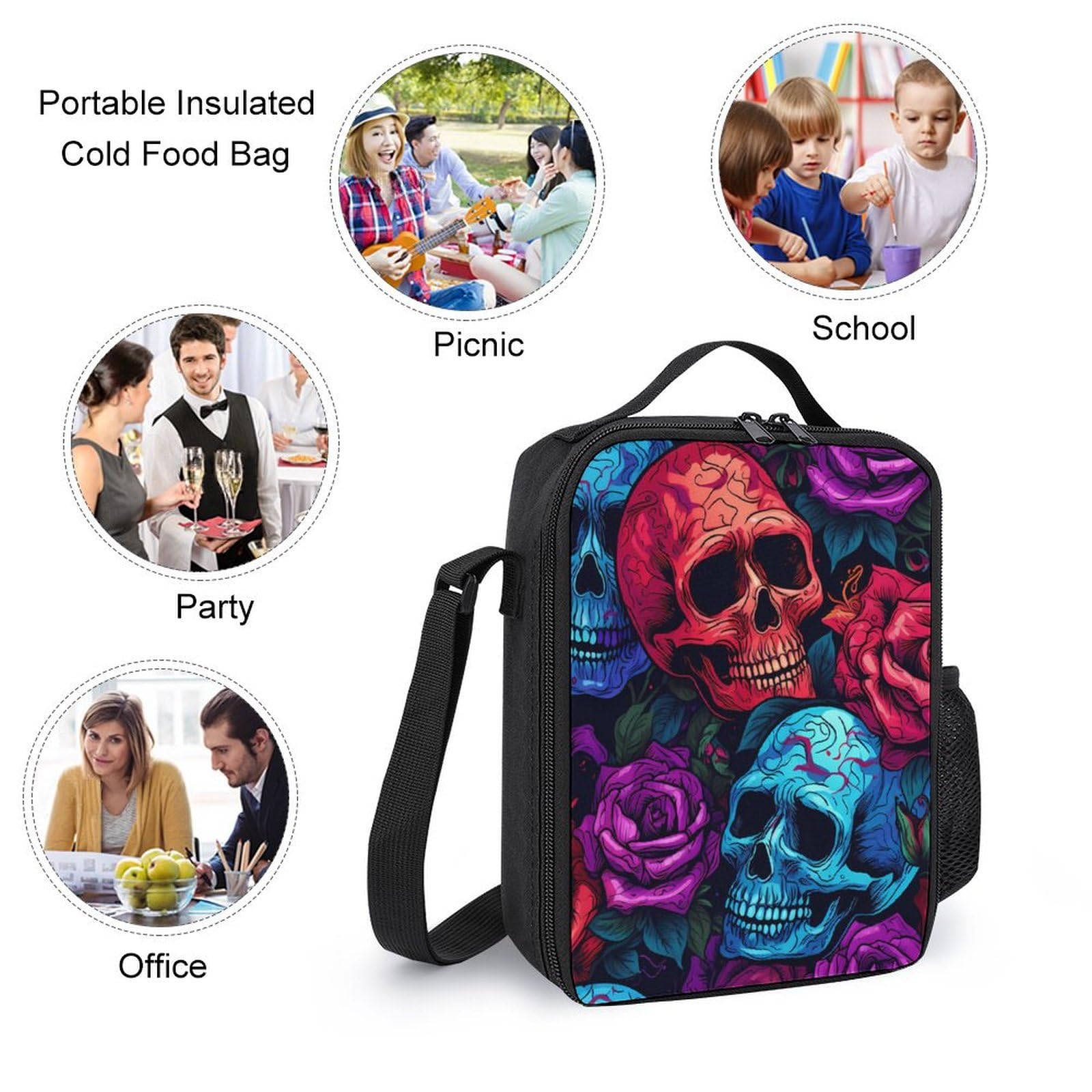 Psychedelic Skulls & Roses 3-Piece Backpack Set - 17 Inch Laptop Backpack, Travel Daypack with Lunch Box & Pencil Case for School, Work & Outdoor Adventures