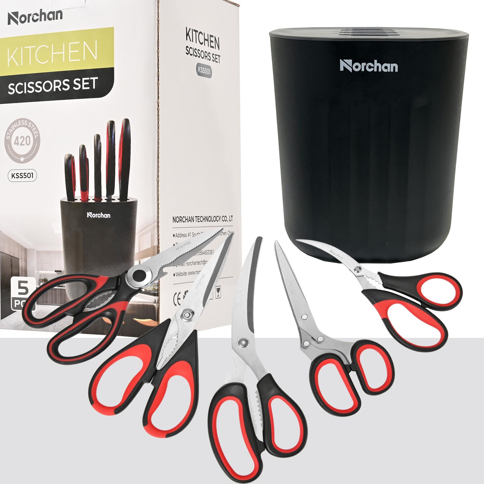 Heavy Duty Kitchen Scissors Set - 5 Stainless Steel Cooking Shears with Holder for Multipurpose Use in Food Prep