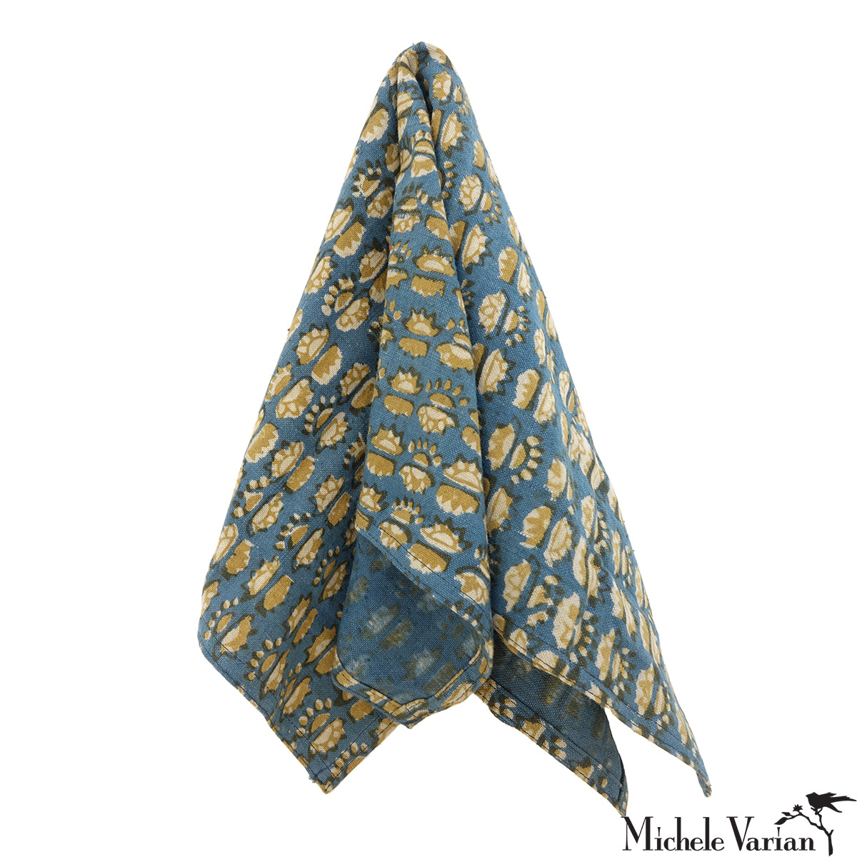 Sunflower Blue Block Printed Cotton Napkins - Set of 4 for Dining Table, Kitchen Decor & Party Supplies