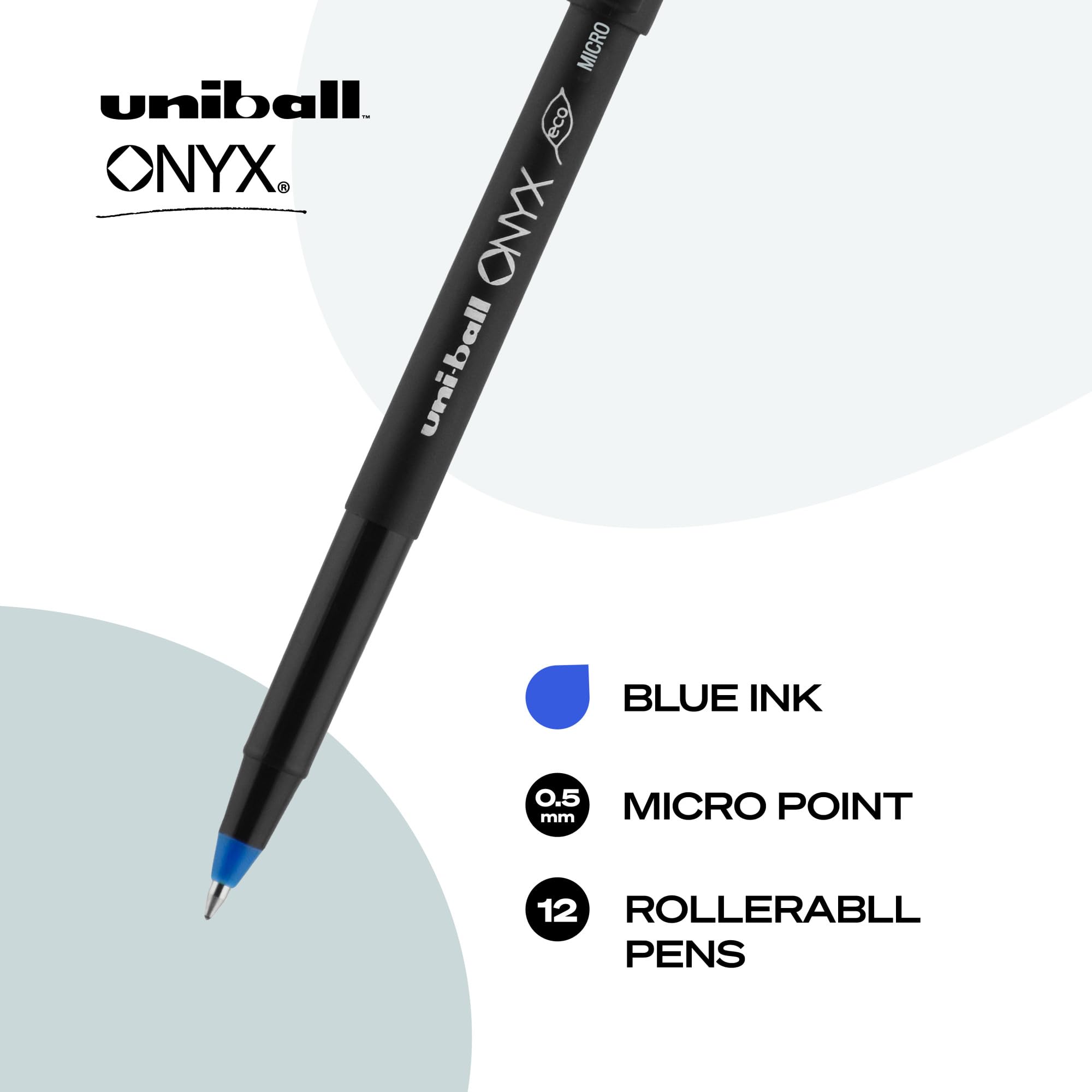 Uniball Onyx Rollerball Stick Pen 12-Pack, 0.5mm Micro Blue Gel Ink Pens - Smooth Writing Fine Point Office & School Supplies for Note Taking, Journaling & Everyday Use