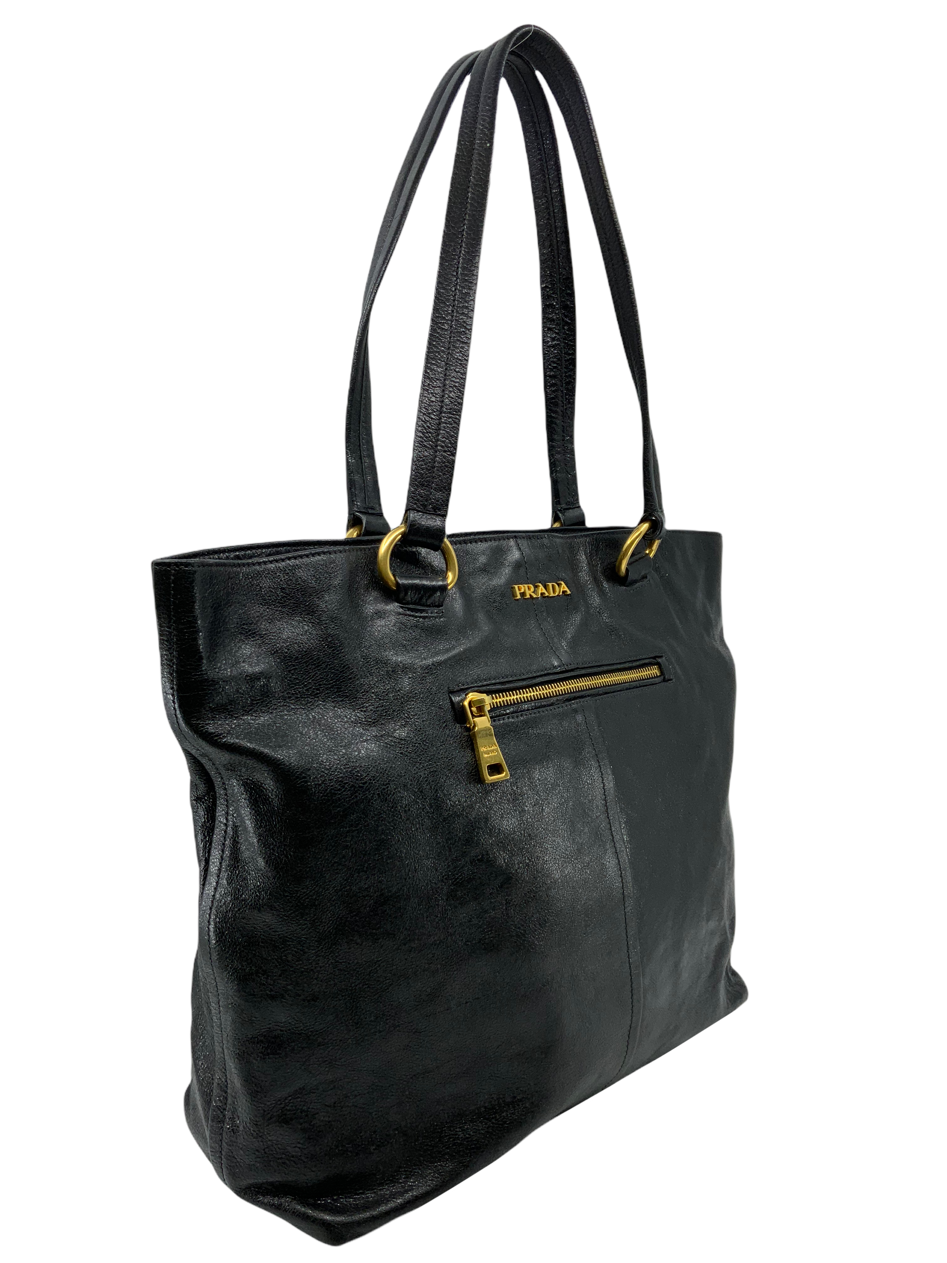 Prada Glazed Leather Front Zip Tote Bag for Women - Luxury Designer Handbag for Work, Travel & Everyday Use