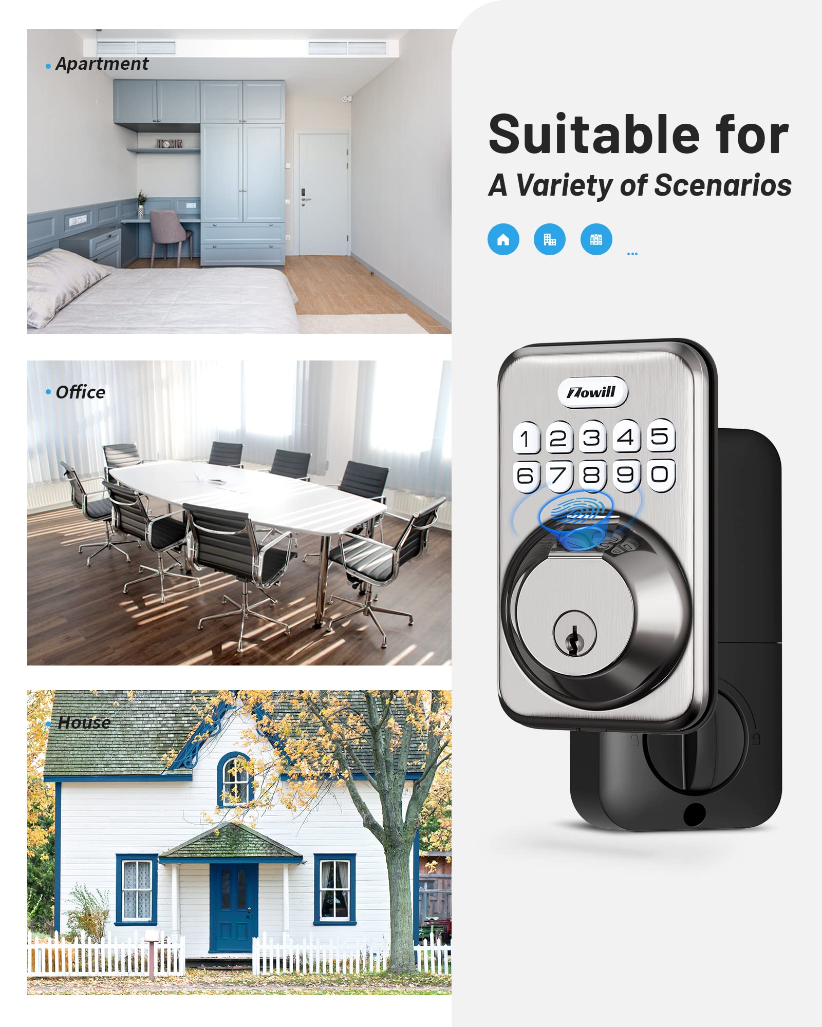 Zowill Smart Fingerprint Door Lock - Keyless Entry Deadbolt with 20 Biometric Fingerprints, Auto Lock & One-Touch Locking - Easy Install Electronic Keypad - Satin Nickel Finish | Perfect for Homes, Apartments, Offices & Vacation Rentals