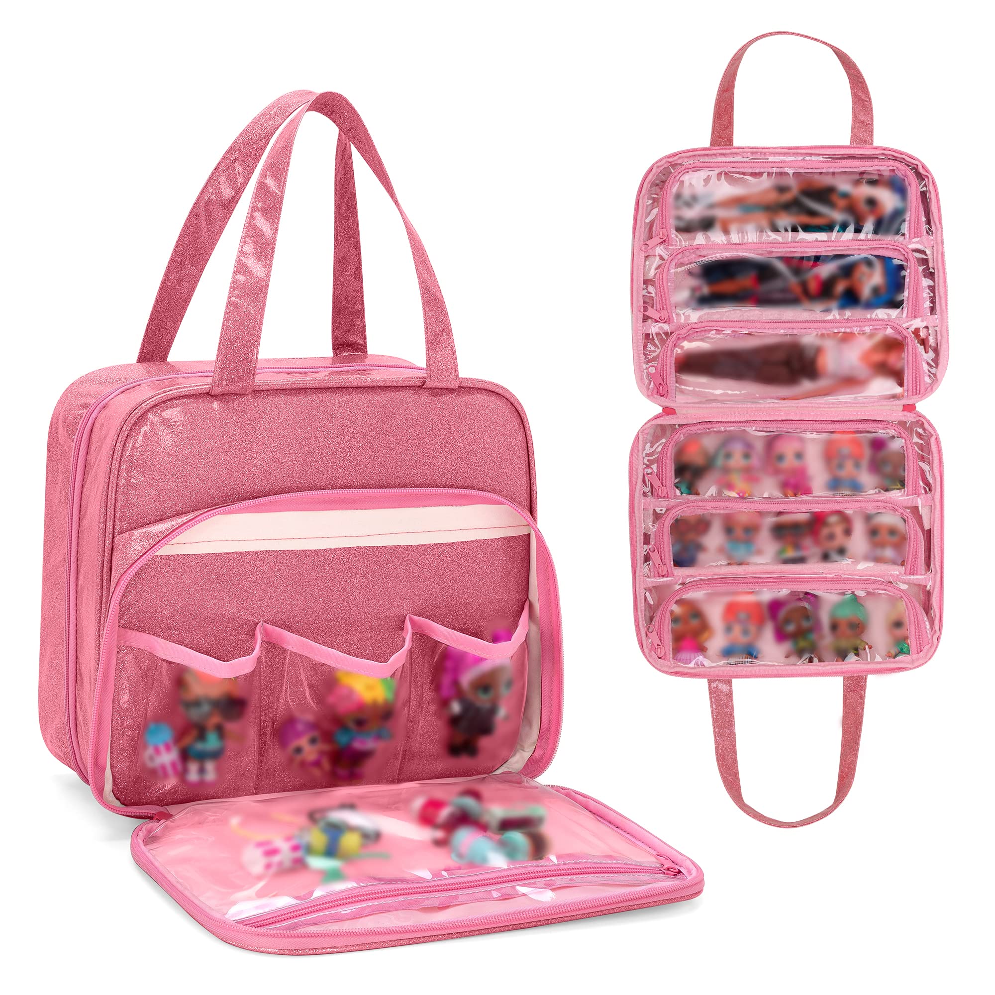 LoDrid Doll Tote Carrying Case for LOL Surprise Dolls - Hanging Organizer Storage Bag with 6 Clear Window Pockets - Pink Patent Design - Perfect for Girls' Toy Organization & Travel