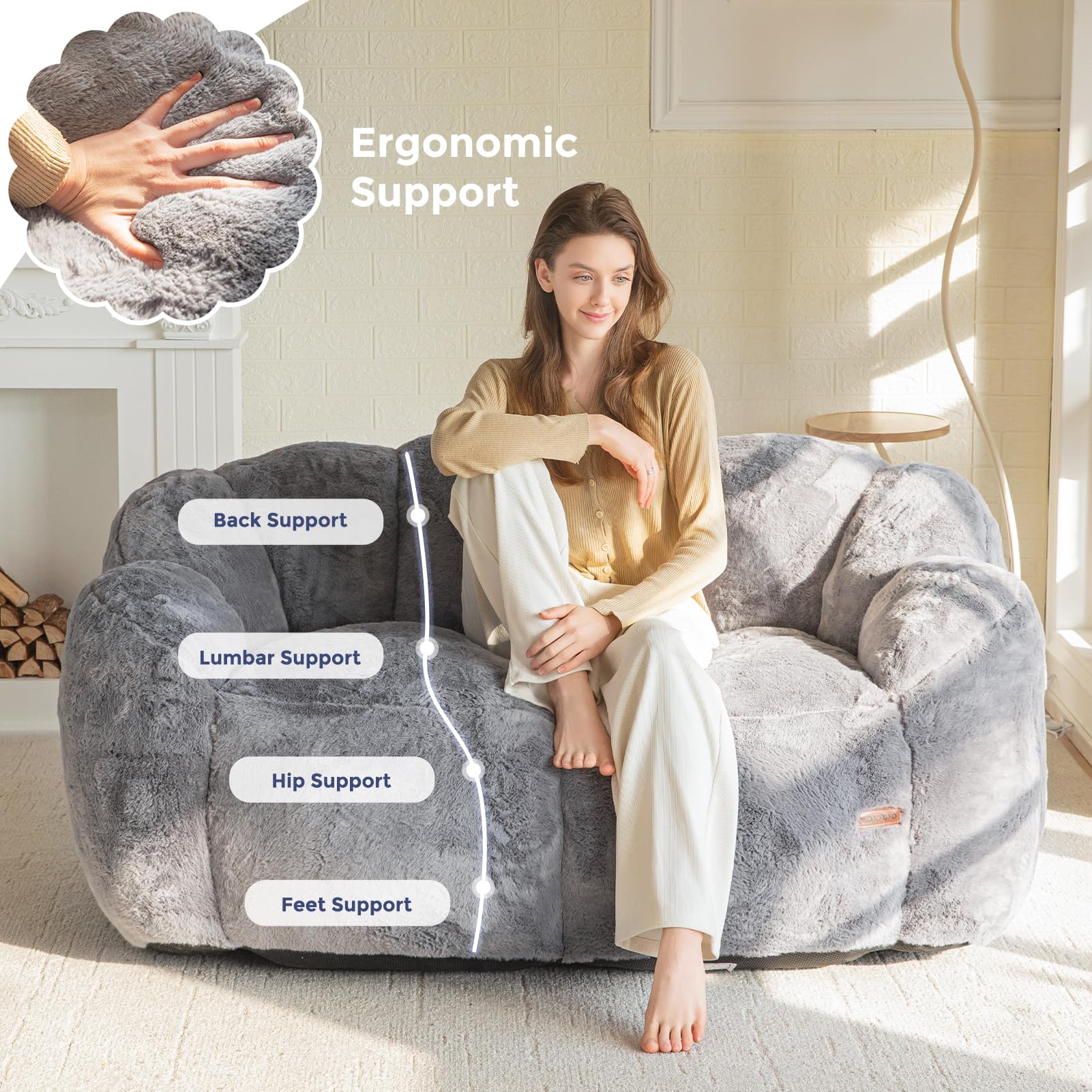 MAXYOYO Ultra Soft Faux Fur Bean Bag Chair - Double Size Loveseat with Floral Petal Back Design for Adults & Teens, Dark Grey - Perfect for Living Rooms, Bedrooms, Dorms & Game Rooms