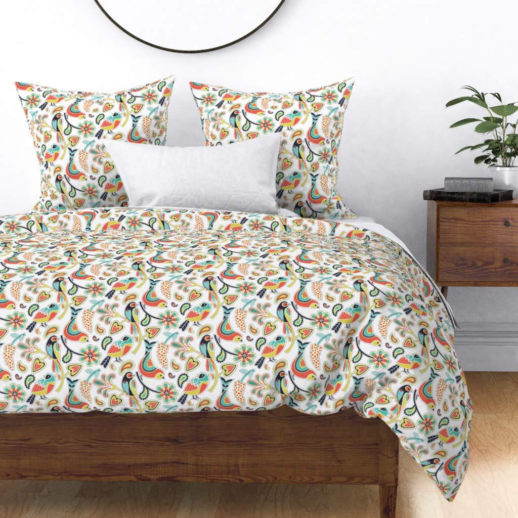Colorful Birds Folk Art Cotton Sateen Duvet Cover - King/California King Size | Scandinavian Floral Spring Garden Nursery Print Custom Bedding | Perfect for Bohemian & Farmhouse Bedroom Decor