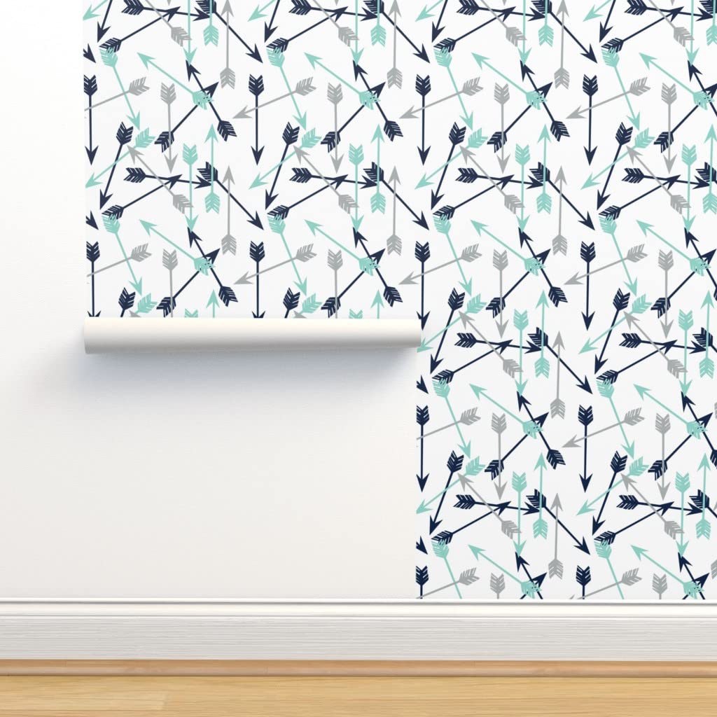 Peel & Stick Wallpaper 9ft x 2ft - Navy Mint Gray Arrow Design | Removable Self-Adhesive Wallpaper for Nursery, Kids Room & Baby Decor | Easy DIY Home Improvement
