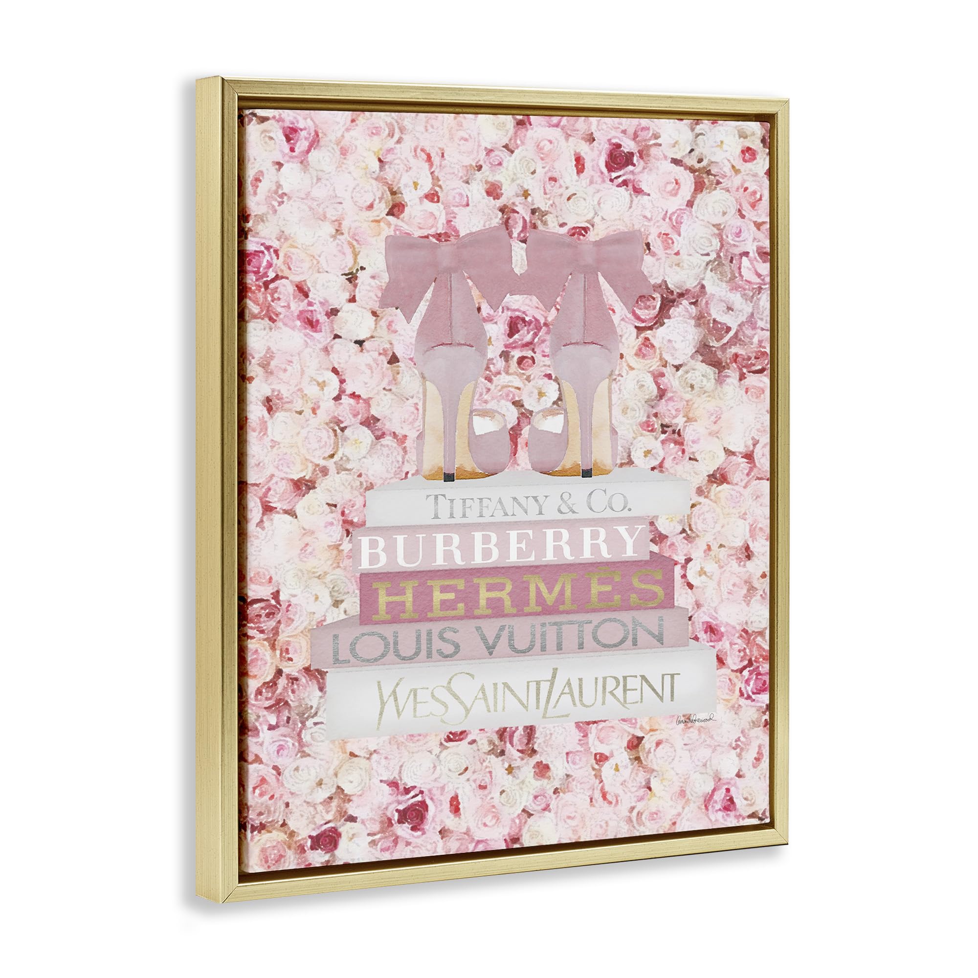 Stupell Industries Pink Fashion Heals Wall Art with Glam Books & Rose Details - Floater Frame by Amanda Greenwood - Perfect for Bedroom, Living Room & Office Decor