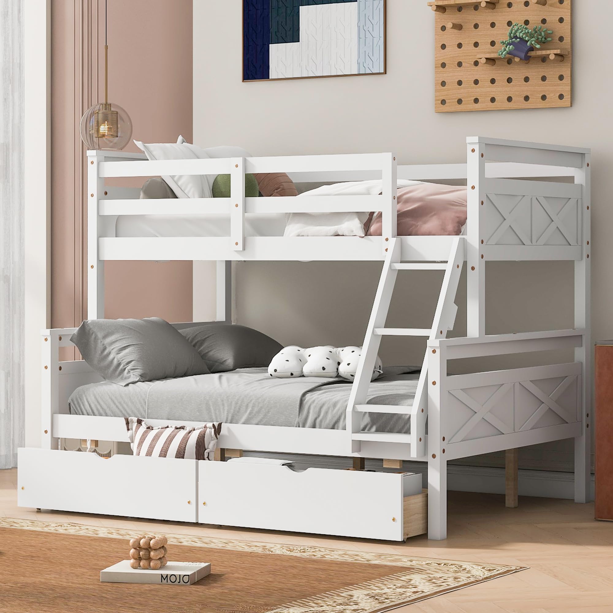 Twin Over Full Bunk Bed with Storage Drawers - Convertible Wooden Bunk Bed Frame with Guardrail & Ladder for Kids, Teens, Boys & Girls - Space-Saving Bedroom Solution for Shared Rooms, Dorms & Small Spaces
