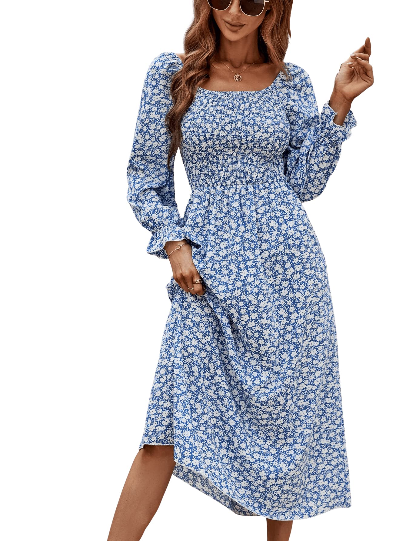 SweatyRocks Women's Floral Print Square Neck Long Sleeve Midi Dress - A-Line Shirred Bodycon Dress for Casual Wear, Date Night & Spring Outfits