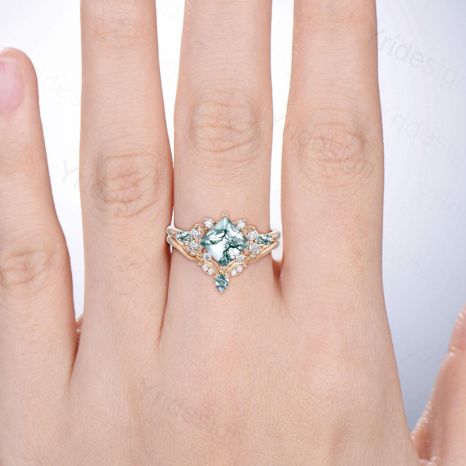 14K Rose Green Moss Agate Princess Cut Engagement Ring Set with Moissanite Accents - Art Deco Style Cluster Bridal Jewelry for Women - Perfect for Proposals, Weddings & Anniversary Gifts
