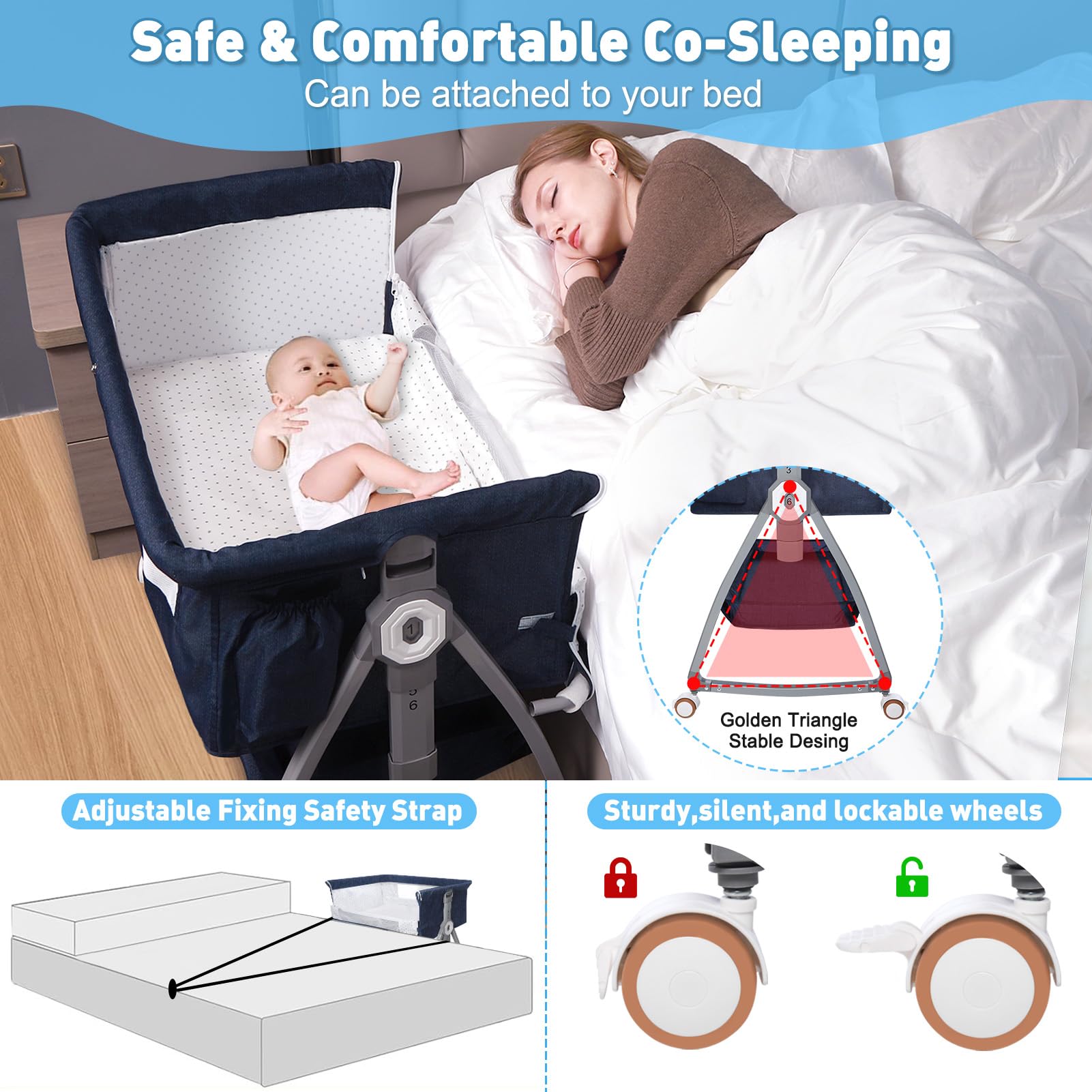 **Portable Baby Bassinet for Newborns – Adjustable Height Bedside Crib with Storage Basket & 4 Auto-Lock Wheels – Safe & Comfortable Infant Sleeper for Nursery, Travel & Co-Sleeping (Navy Blue)**