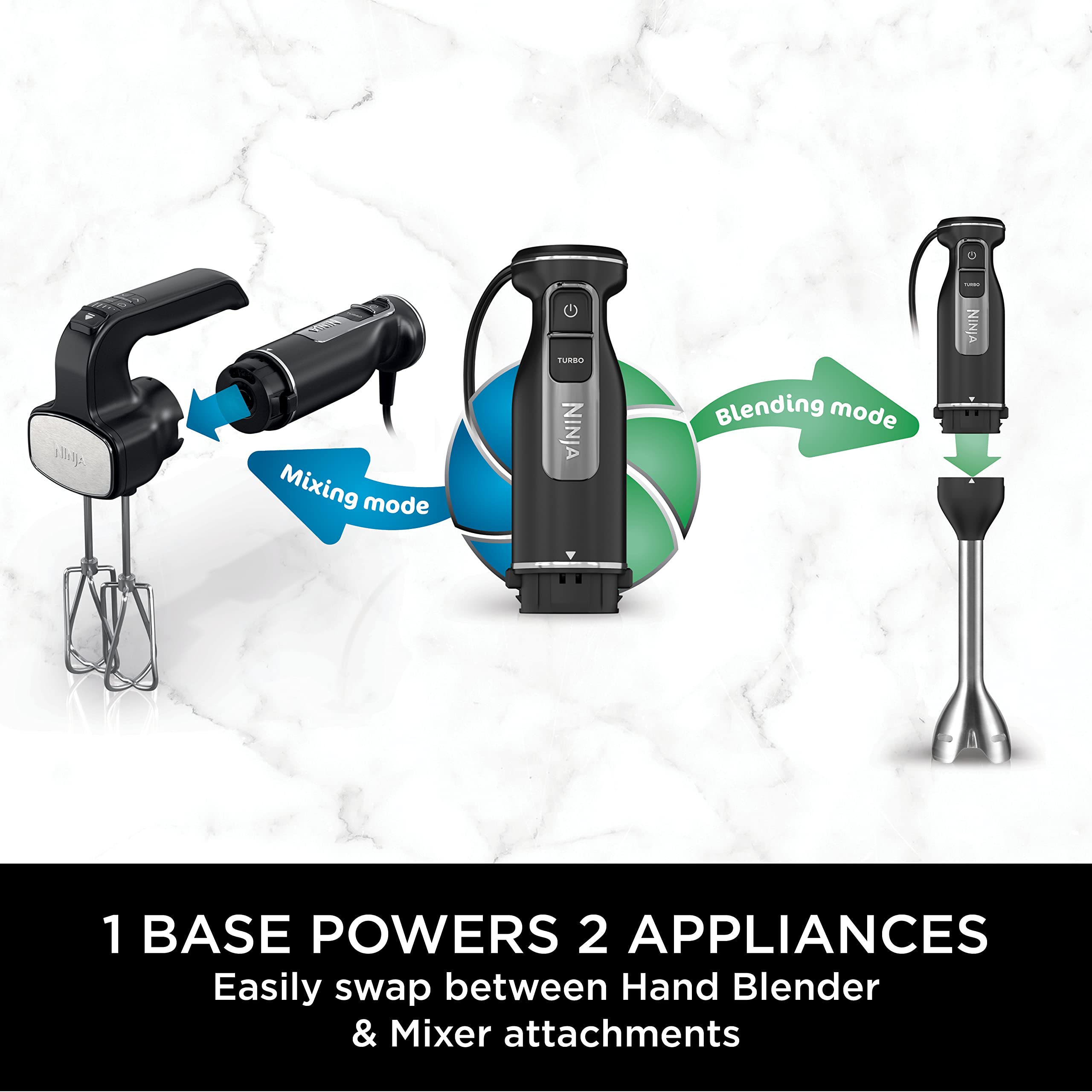 Ninja Foodi 2-in-1 Hand Blender & Mixer - 850W Immersion Blender with Food Processor, 5 Mixing Speeds & 2 Blending Speeds - Includes 2 Attachments & 1.5m Cord (Black) - Perfect for Smoothies, Soups, Baking & Meal Prep