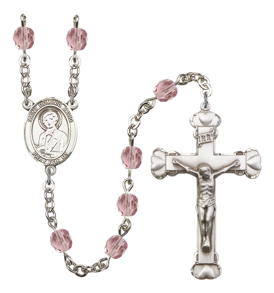 Silver Plate Rosary with 6mm Light Amethyst Fire Polished Beads - 1 5/8 x 1 Crucifix & St. Dominic Savio Medal Centerpiece | Catholic Prayer Beads for Worship, Meditation & Spiritual Gifts