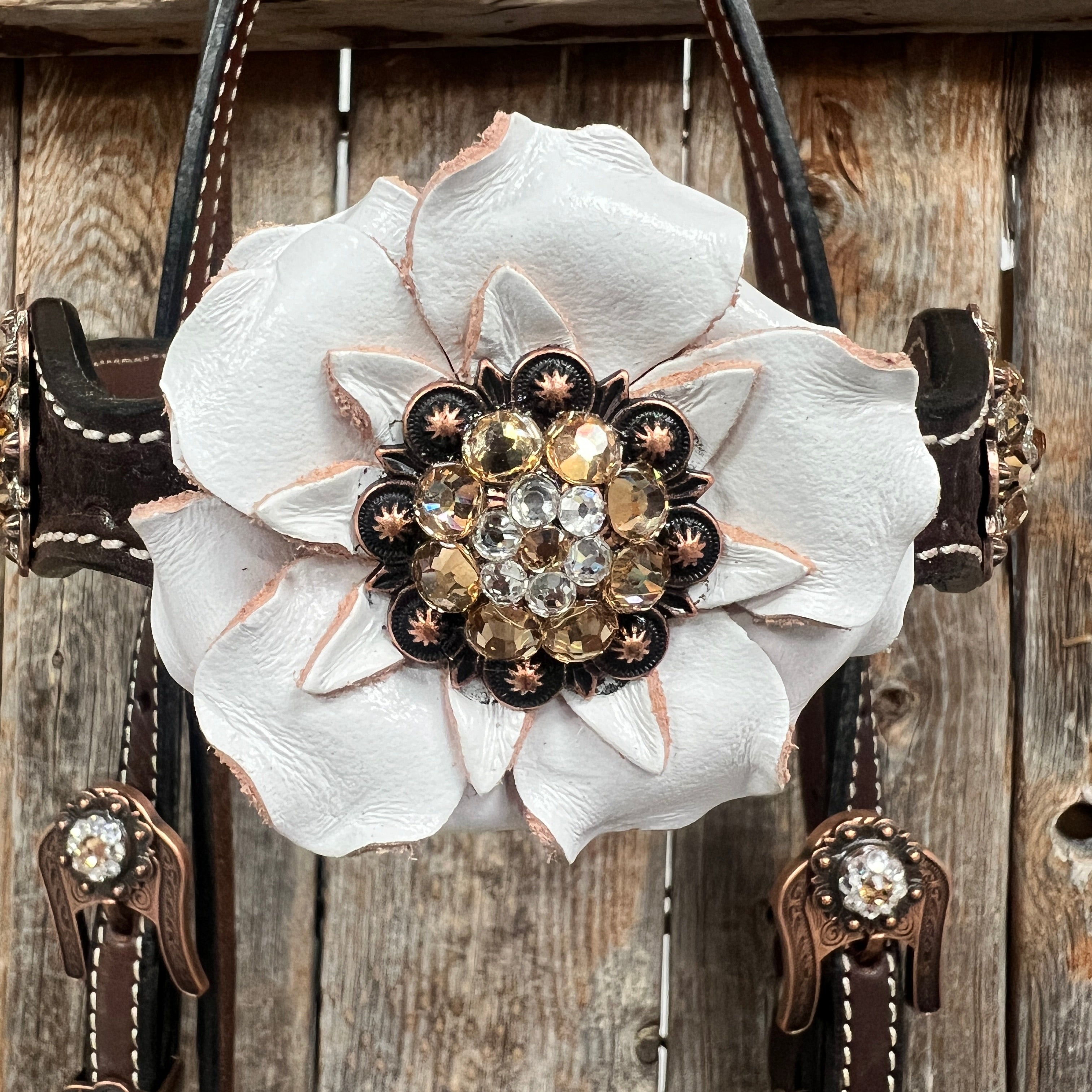 Dark Oil Basketweave Champagne Clear Browband & One Ear Tack Set for Horses - Western & English Riding Show Equipment (BBBC604)