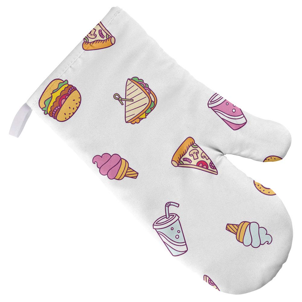 Junk Food Snacks Pattern Heat Resistant Oven Mitt - Cute Kitchen Gloves for Baking, Cooking, BBQ & Grilling - Perfect for Indoor & Outdoor Use