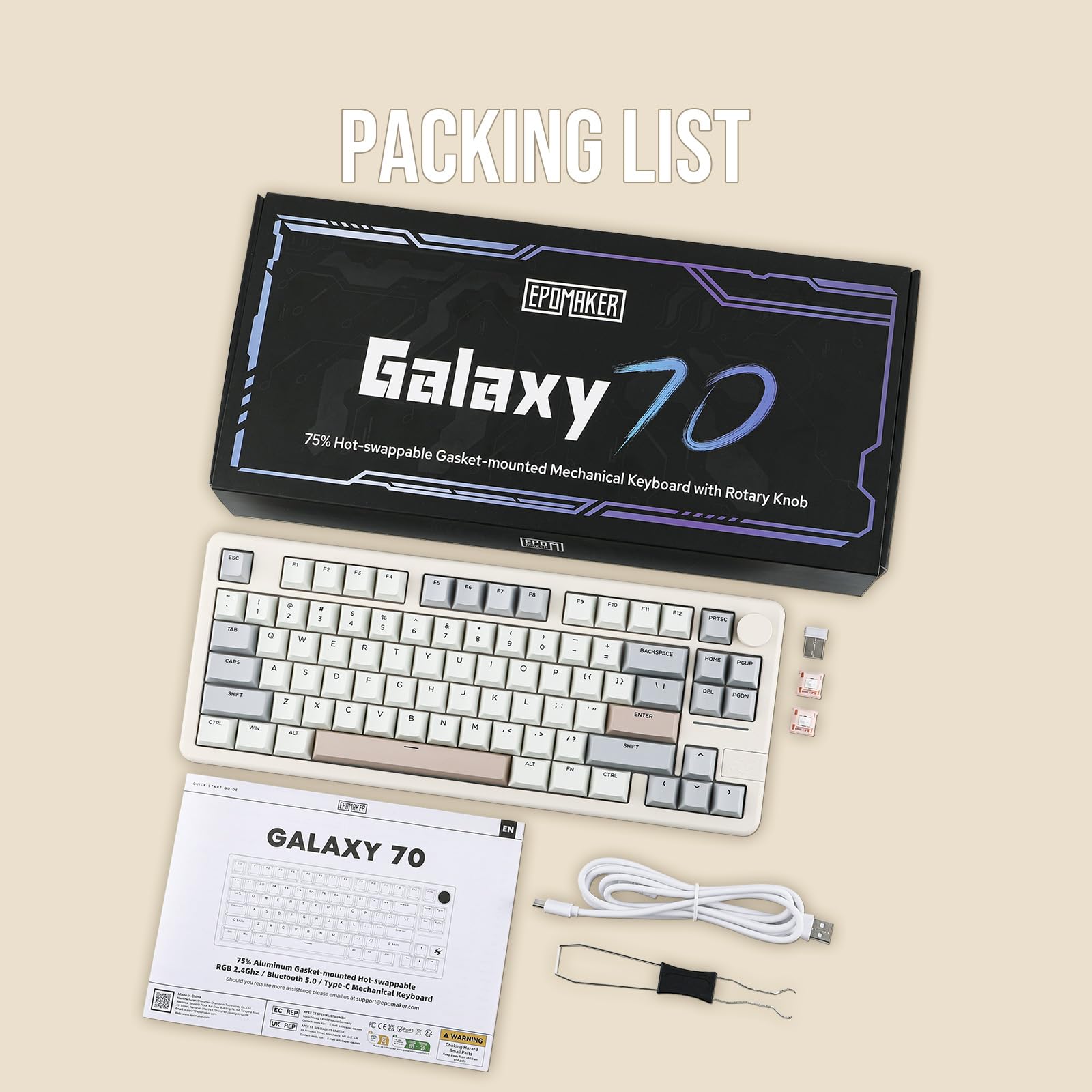 EPOMAKER Galaxy70 75% Wireless Mechanical Gaming Keyboard - Aluminum Frame, Bluetooth 5.0/2.4GHz/USB-C Wired, Hot-Swappable Petal Switch (White) - Perfect for PC Gaming, Office Work & Typing Enthusiasts