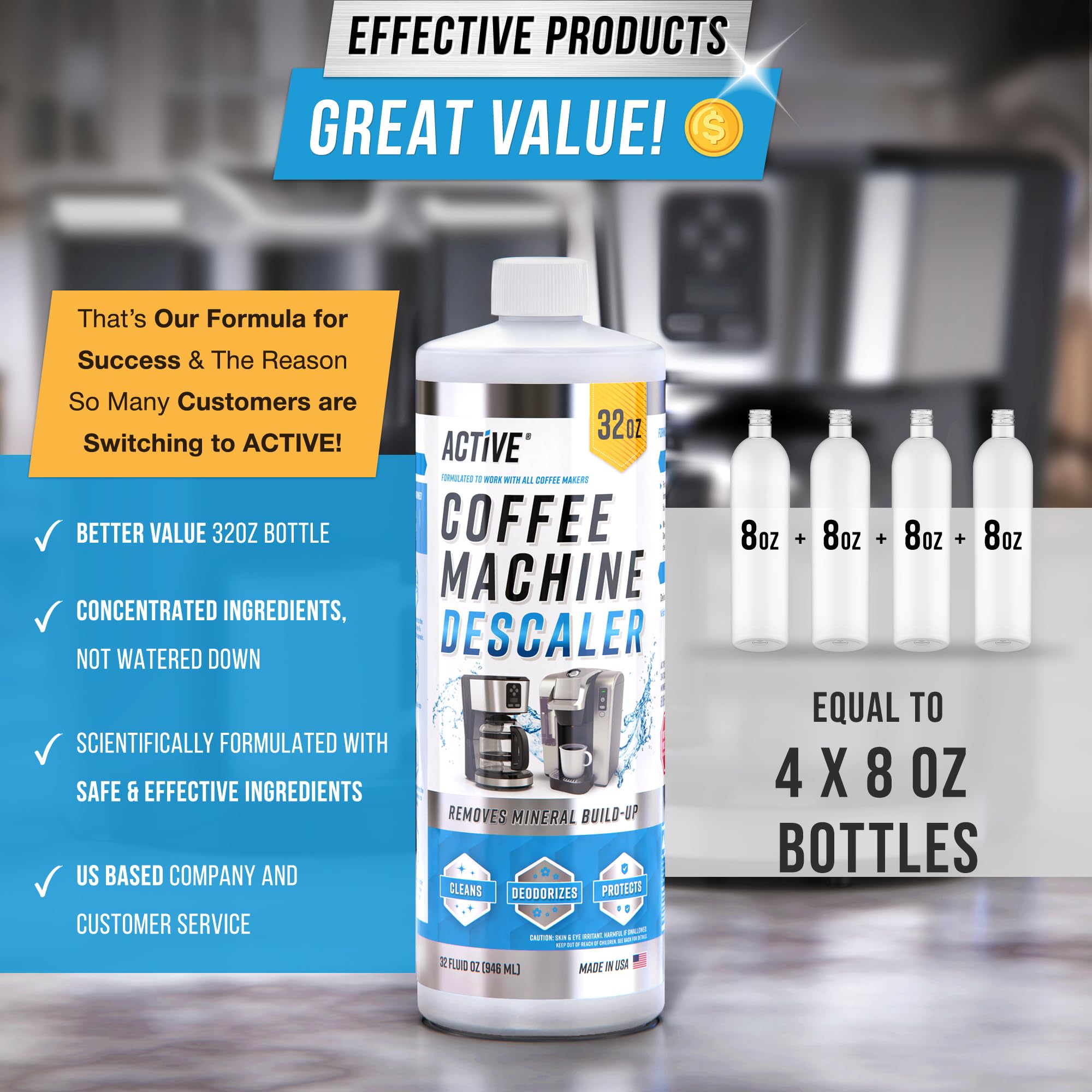 32oz Coffee Machine Descaler - 8 Uses, Compatible with Keurig, Nespresso, Breville, Delonghi, Jura & Ninja - Espresso Maker Cleaner & Limescale Remover for Coffee Pots - Perfect for Home & Office Use