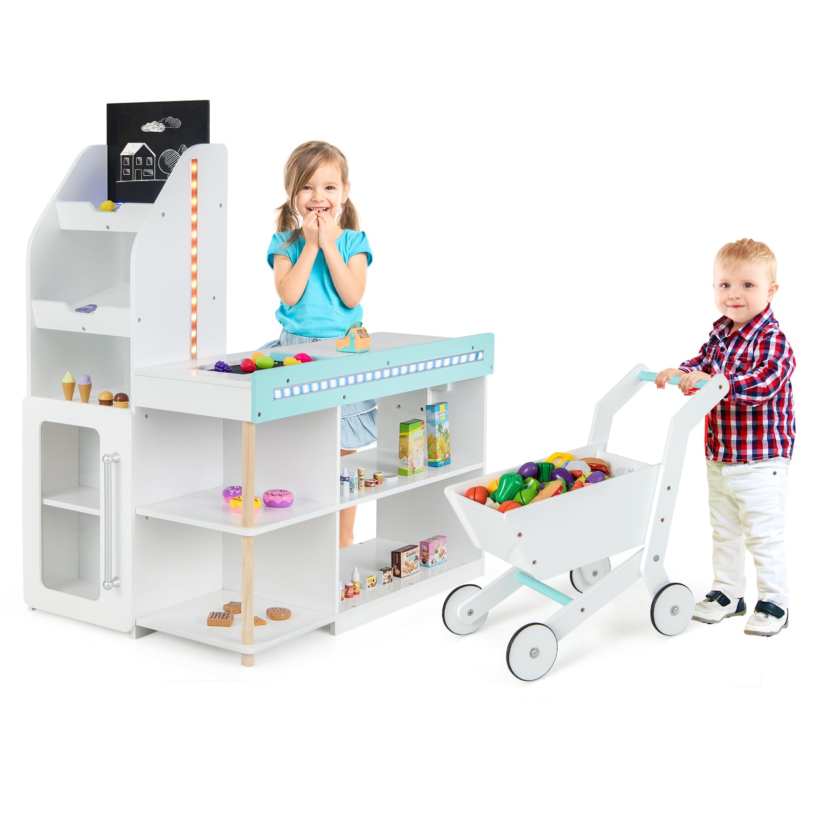 Costzon Wooden Pretend Play Grocery Store with Light, Shopping Cart, Cash Register & Vending Machine - Supermarket Playset with Chalkboard for Kids - Perfect Gift for Boys & Girls - Fun Role-Playing & Learning Toy for Home & Classroom