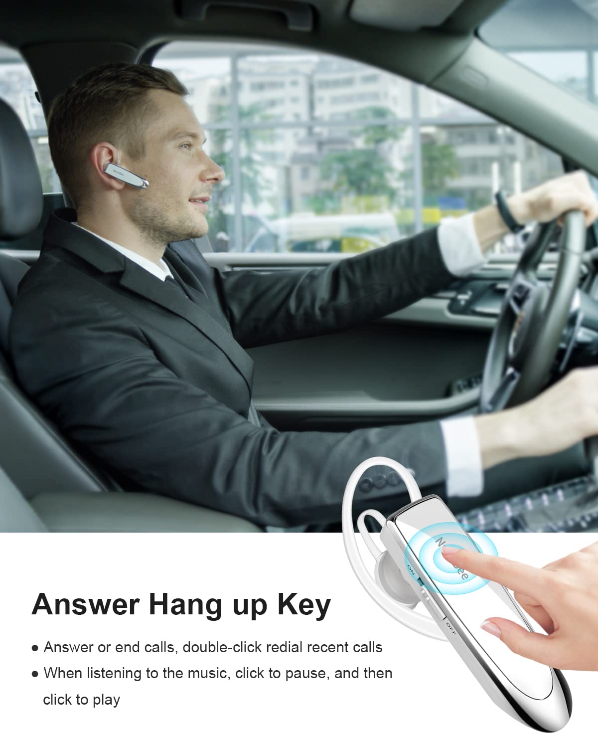 2 Pack Bluetooth 5.0 Wireless Earpiece - 24H Battery Life, 60 Days Standby - Hands-Free Headset for iPhone, Android, Laptop - Perfect for Truck Drivers, Office Work & Online Meetings (White)