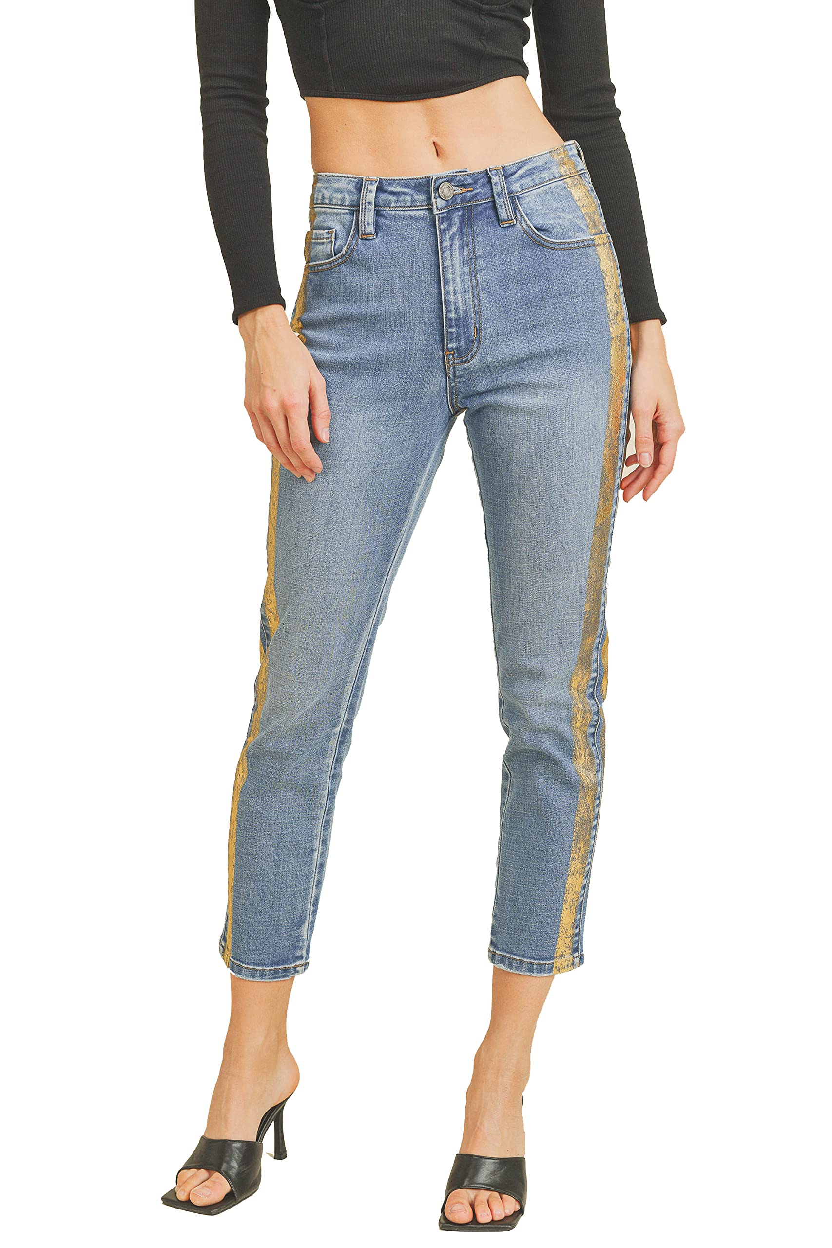 Women's High Rise Boyfriend Jeans - Classic Stretch Denim Pants with Gold Striped Outer Seam | Eco-Friendly Fashion for Casual Outfits & Streetwear