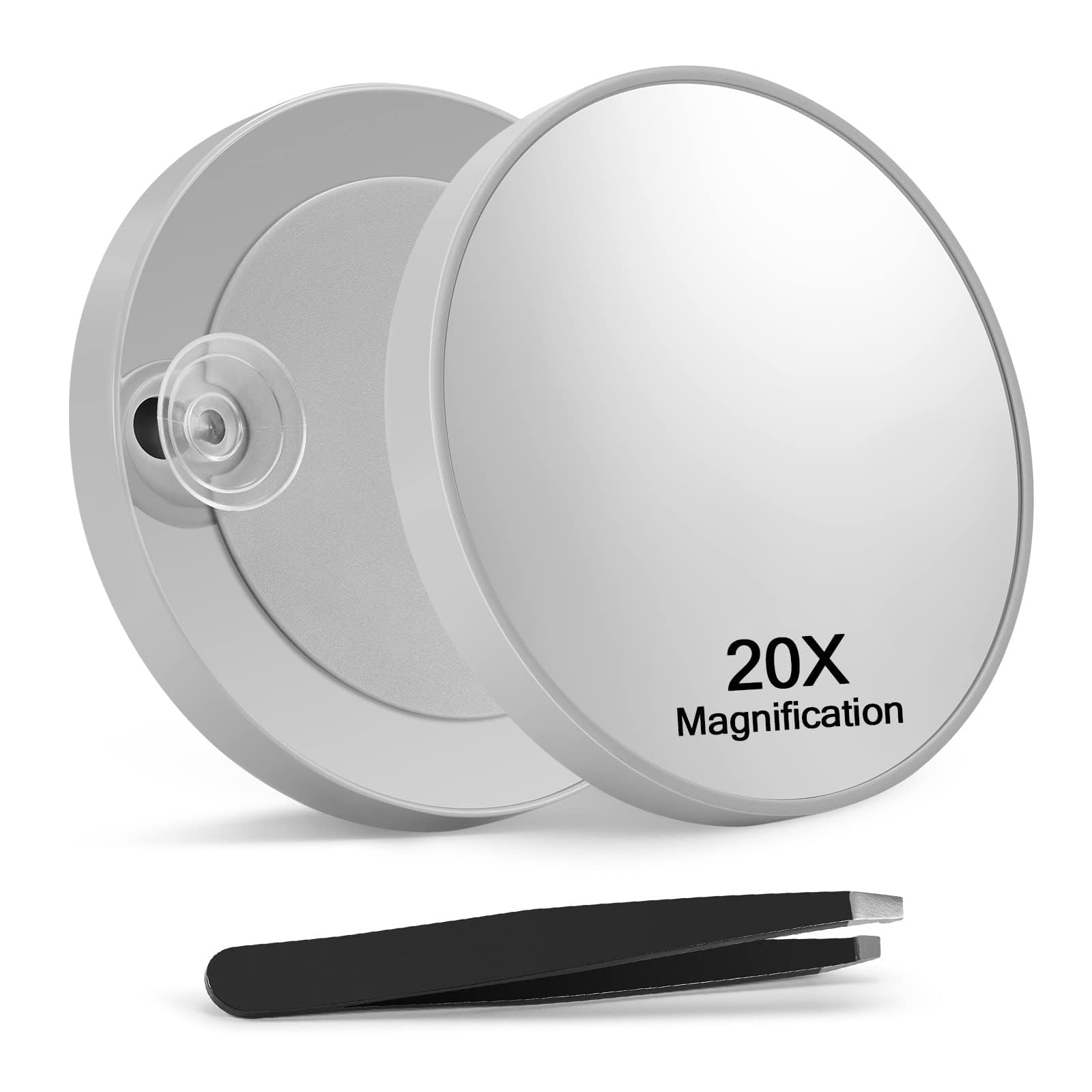 20X Magnifying Mirror with 2 Suction Cups - 3.5 Inch Lighted Makeup Mirror with Slant Tweezers, Grey - Perfect for Bathroom, Vanity, Travel & Precision Grooming