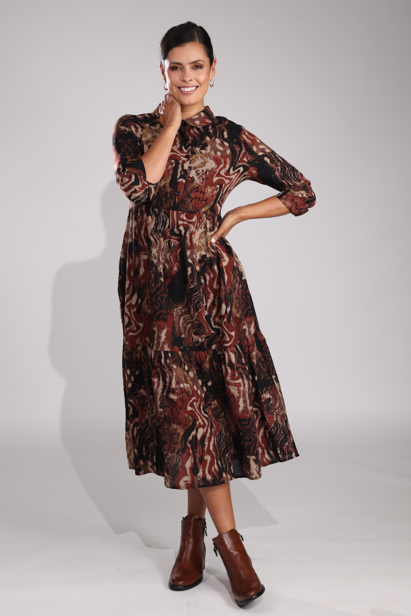 Elegant Black Abstract Print Dress with Cinnamon Accents | Women's Fashion | Perfect for Parties, Dates & Special Occasions