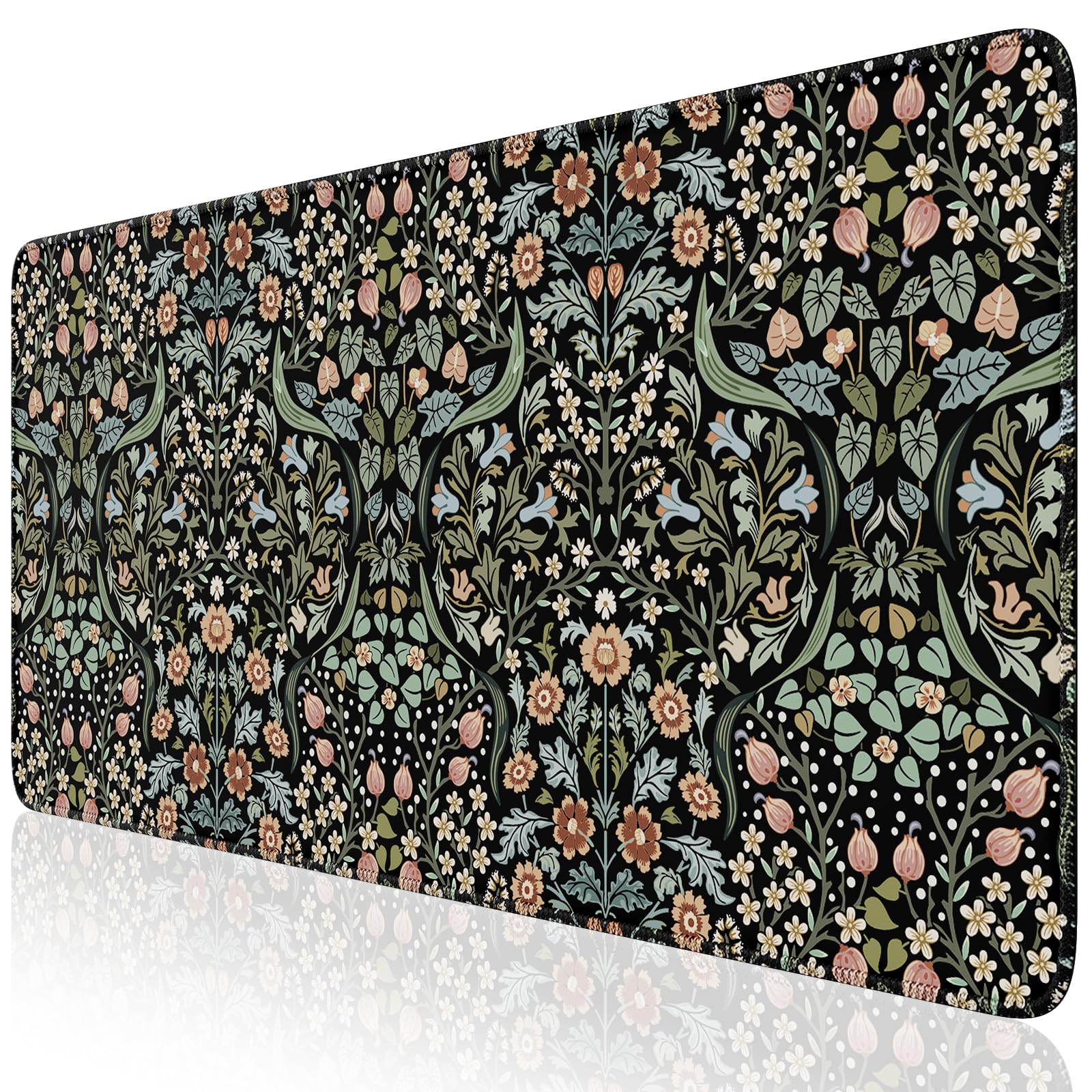 HAOCOO XXL Non-Slip Desk Mat with Stitched Edge - Extra Large Keyboard and Mouse Pad for Office & Gaming, Floral Design (Black) - Perfect for Workstations, Home Offices, and PC Gaming Setups