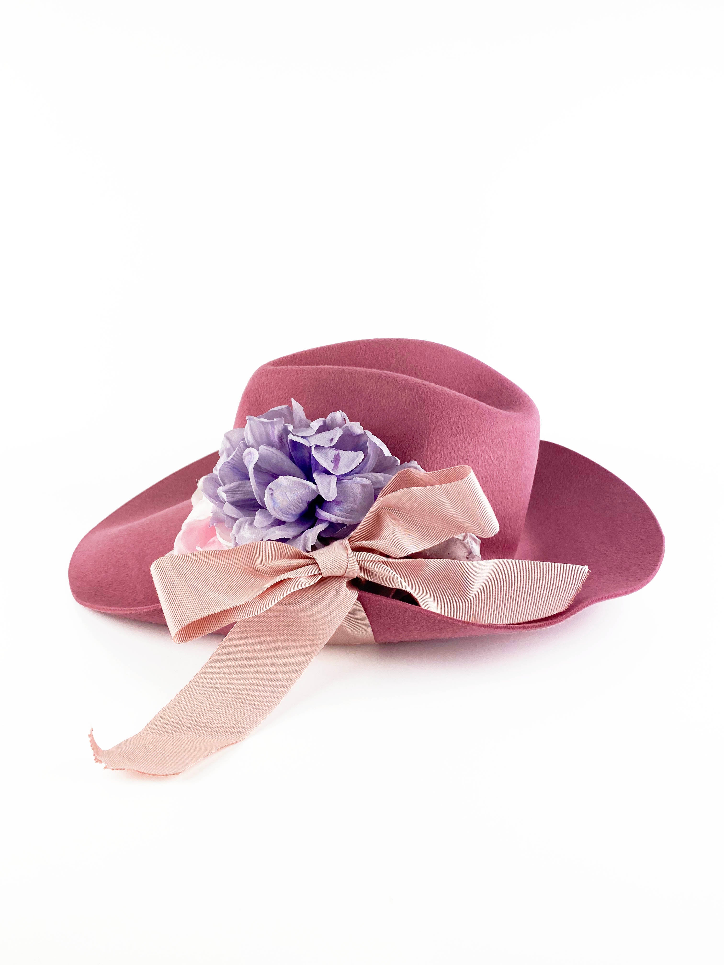 Gucci Pink Wide Brim Felt Hat with Floral Embellishments - Size 56 | Elegant Women's Fashion Accessory for Weddings, Garden Parties & Spring Outfits