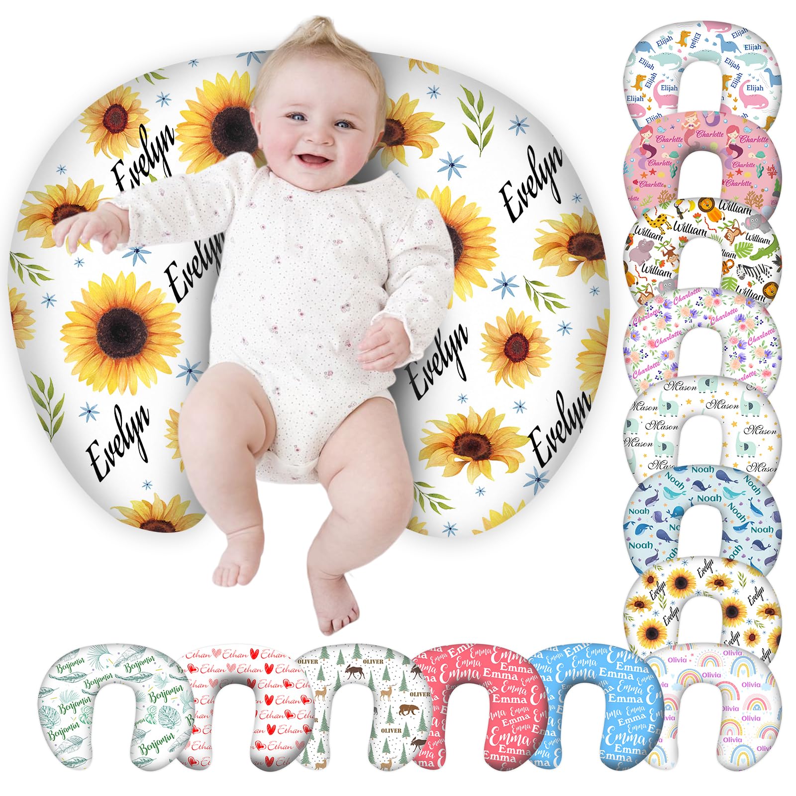 Personalized Baby Nursing Pillow Cover with Name - Sunflower Themed Custom Boy & Girl Gift for Breastfeeding, Newborn Shower & Nursery Decor