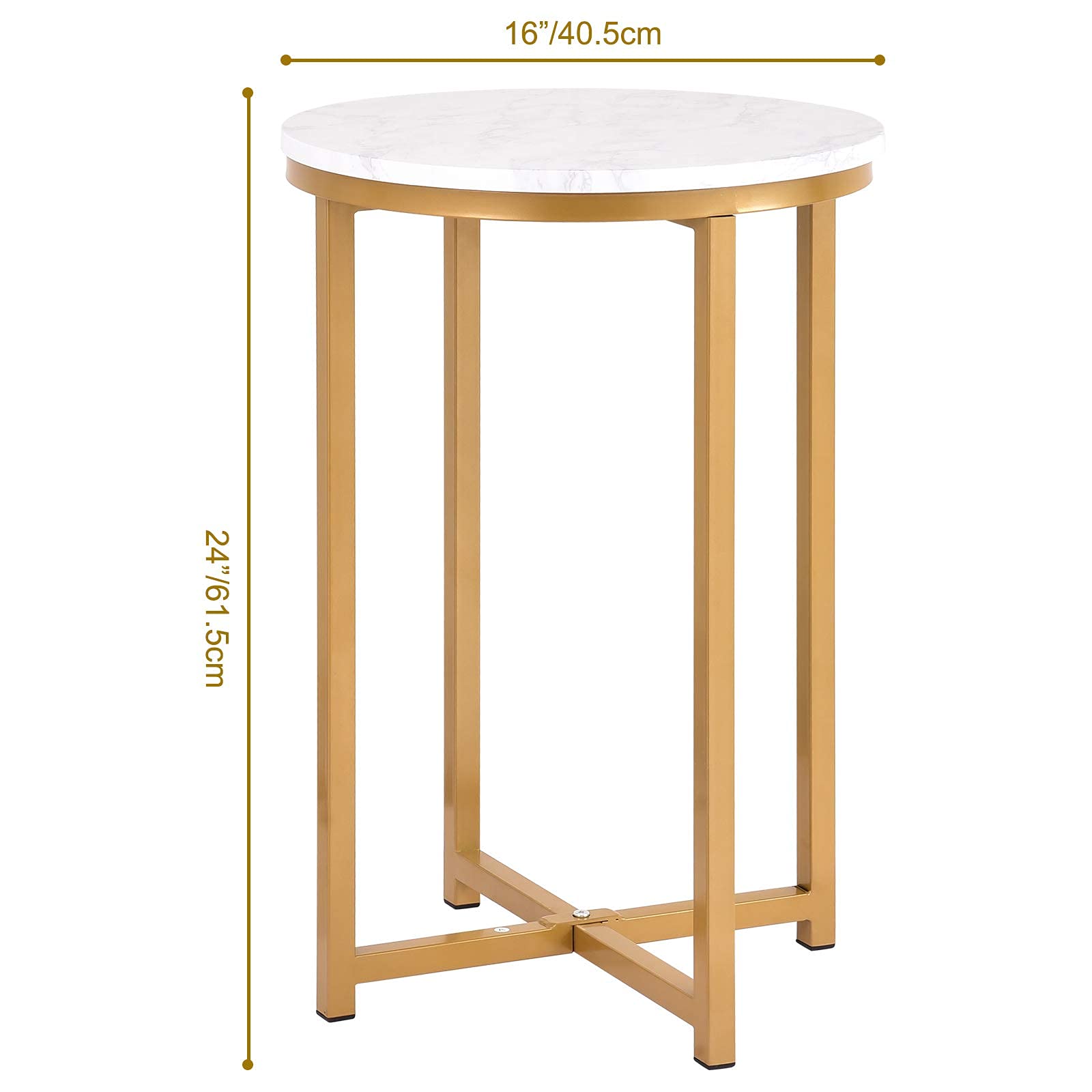 Stylish Round Side Table with Marble Top & Gold Metal Base - Modern End Table, Nightstand or Coffee Table for Bedroom, Living Room, Office - 16