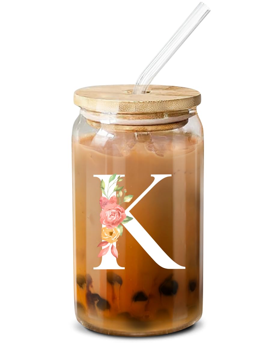 Personalized Monogrammed Coffee Glass - Custom 16 Oz Initial Gifts for Women, Birthday Presents for Her, Friends & Girls - Perfect for Home, Office & Coffee Lovers