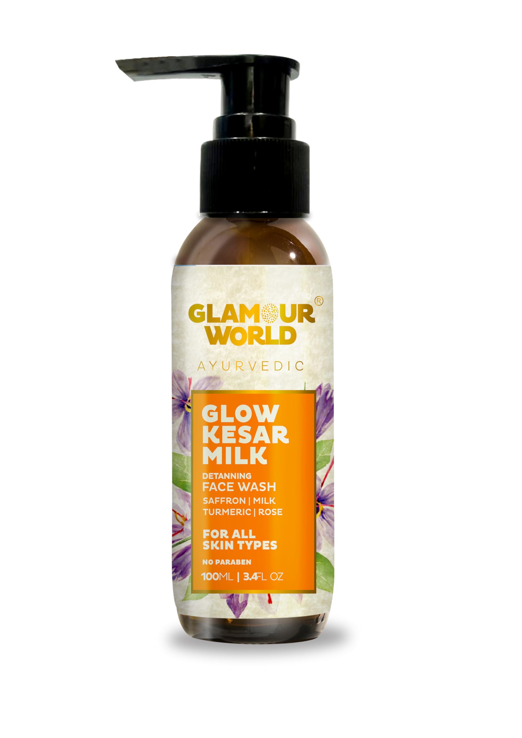 Glamour World Ayurvedic Glow Kesar Milk Face Wash 100ml - Saffron, Neem, Rose & Sandalwood Infused Cleanser for Bright, Radiant Skin & Sun Tan Control | Perfect for Daily Skincare Routine & Post-Sun Exposure Recovery