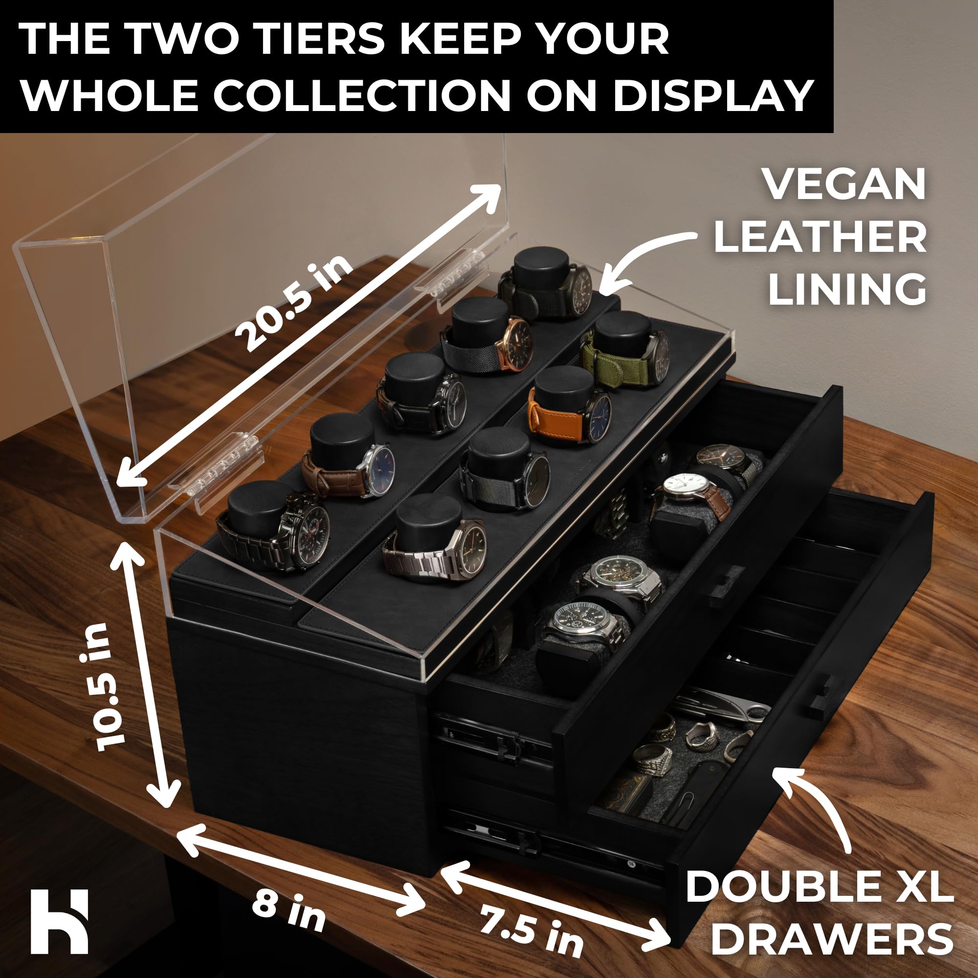 Holme & Hadfield Premium 17-Slot Wooden Watch Display Case - Extra Large Handcrafted Men's Watch Organizer Box with Two Drawers - Luxury Watch Storage for Collectors - Perfect Birthday Gift for Watch Enthusiasts - Ideal for Home, Office, or Jewelry Store Display