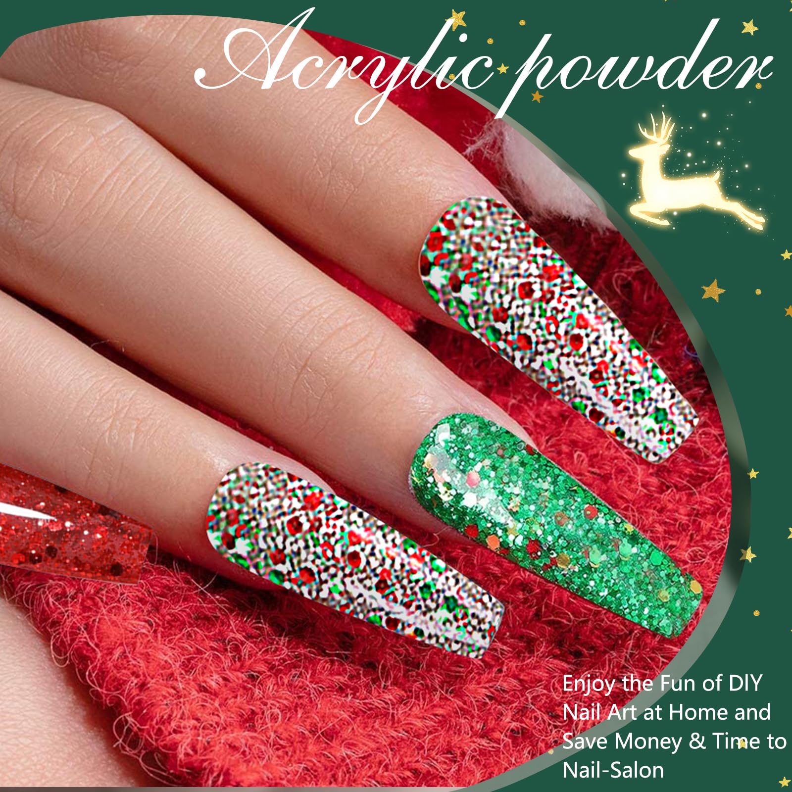Professional Red & Green Christmas Glitter Acrylic Powder for Nail Extensions, French Nail Art, 3D Flowers & Nail Carving - 60g (YSHUJF012) | Perfect for Holiday Parties, Bridal Nails & DIY Manicures