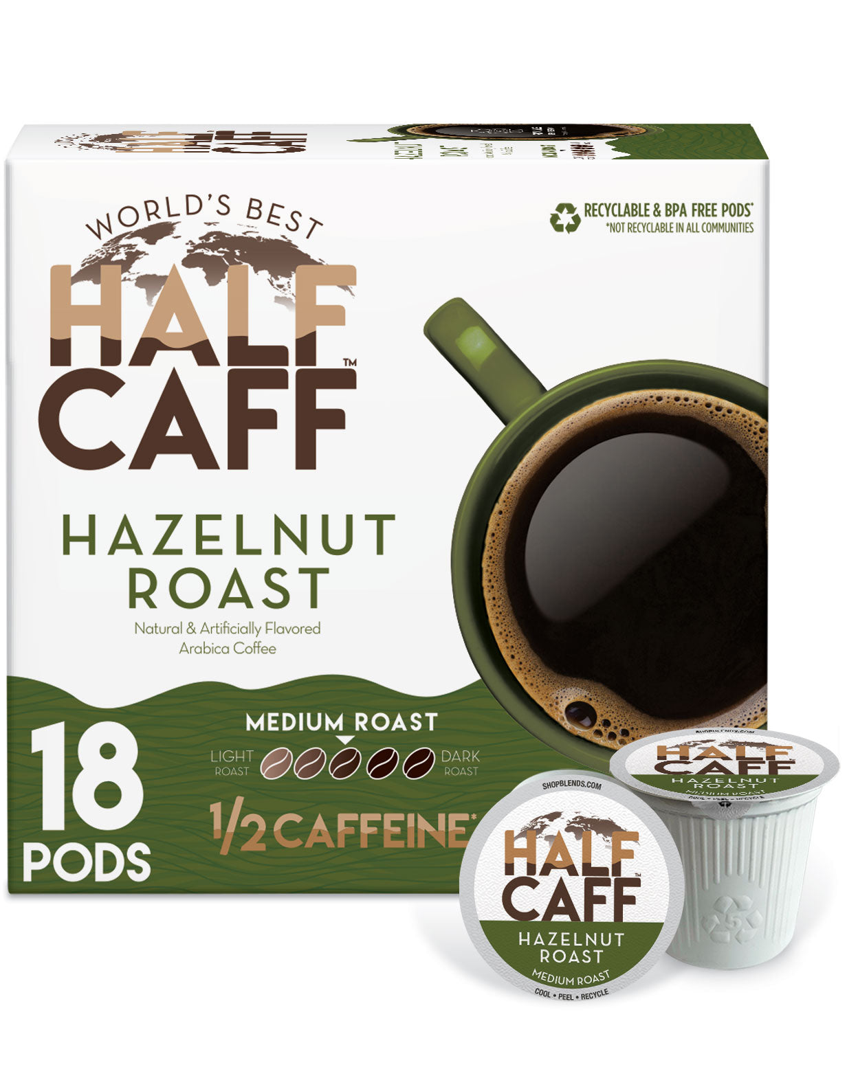 World's Best Half Caff™ Hazelnut Flavored Coffee Pods - Medium Roast K-Cups for Keurig Brewers - Perfect for Home & Office Coffee Breaks
