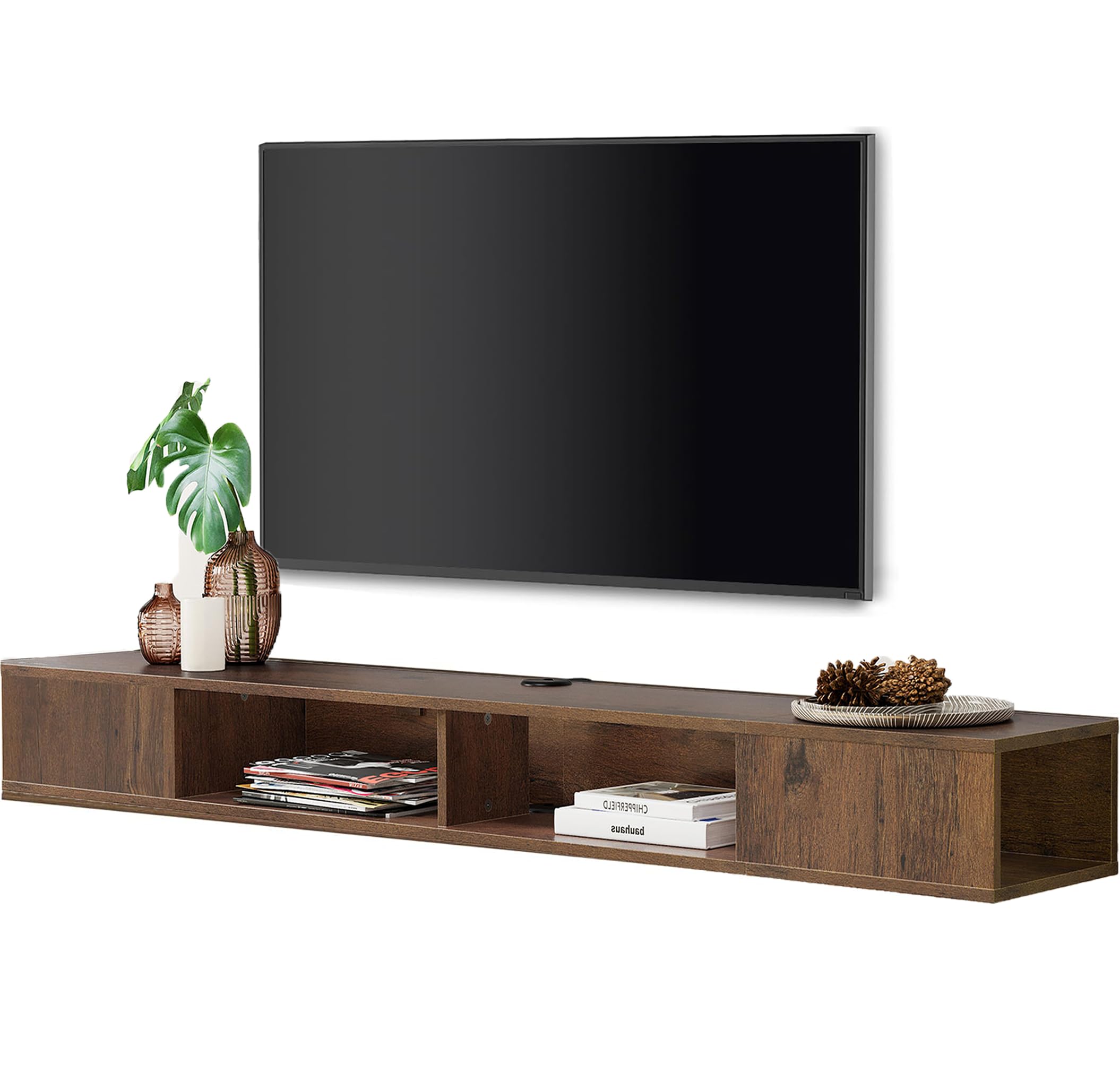 70 Inch Floating TV Stand with Storage - Modern Wall Mounted Entertainment Center for Living Room, Bedroom & Home Theater - Brown Wood Media Console for TV, Gaming & Streaming Devices