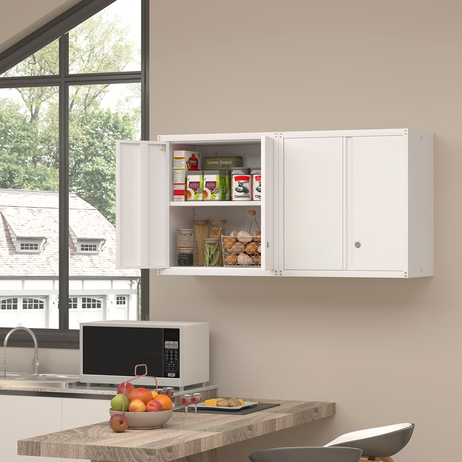 White Metal Wall Cabinet - 2 Door Steel Storage Hanging Cabinet for Office, Home, Kitchen & Bathroom - Durable Wall Mounted Organizer for Shelves, Towels & Supplies