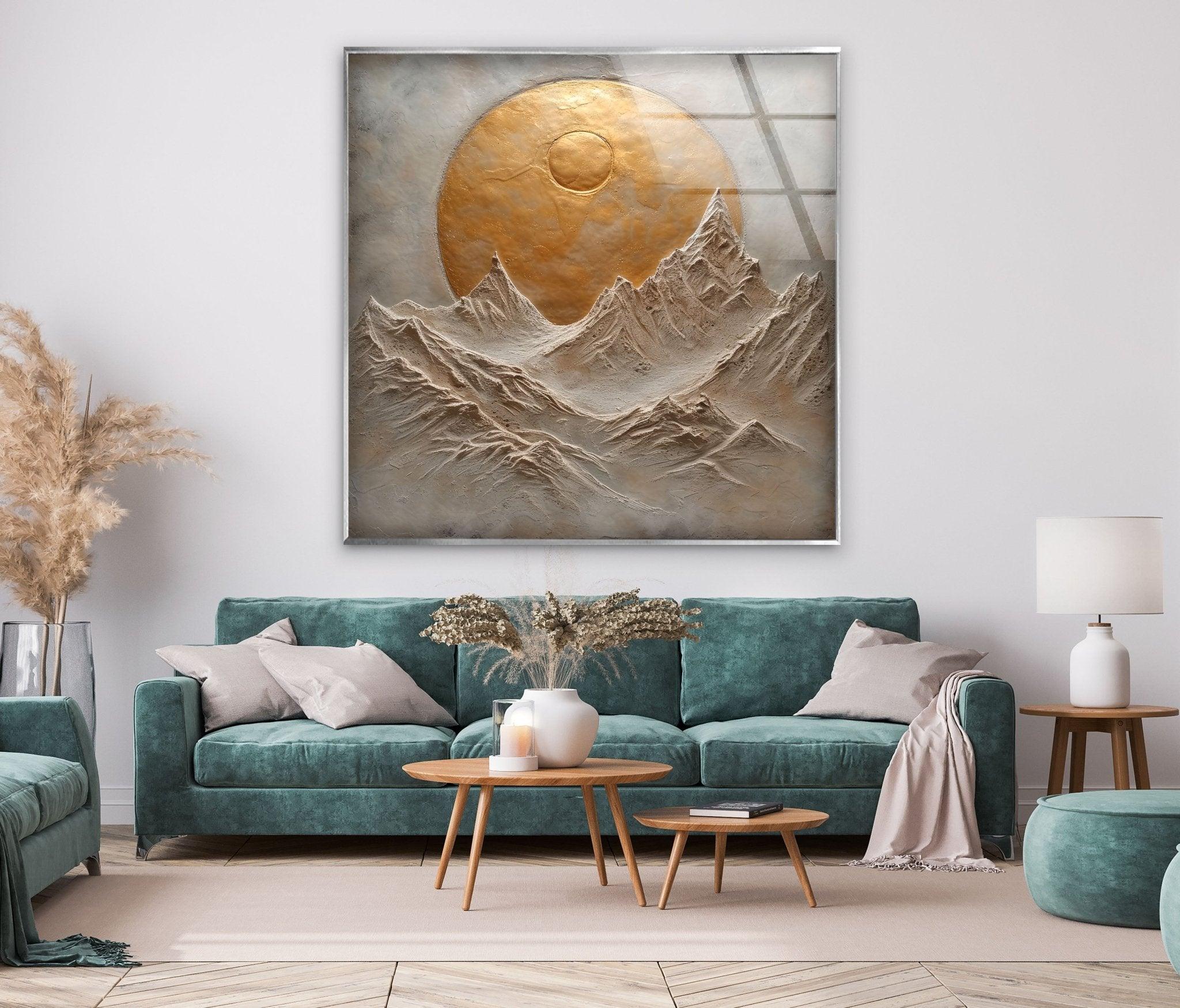 Abstract Mountain Golden Glass Wall Art - Modern Home Decor for Living Room, Bedroom & Office - Elegant Handmade Glass Painting for Gifts & Interior Design