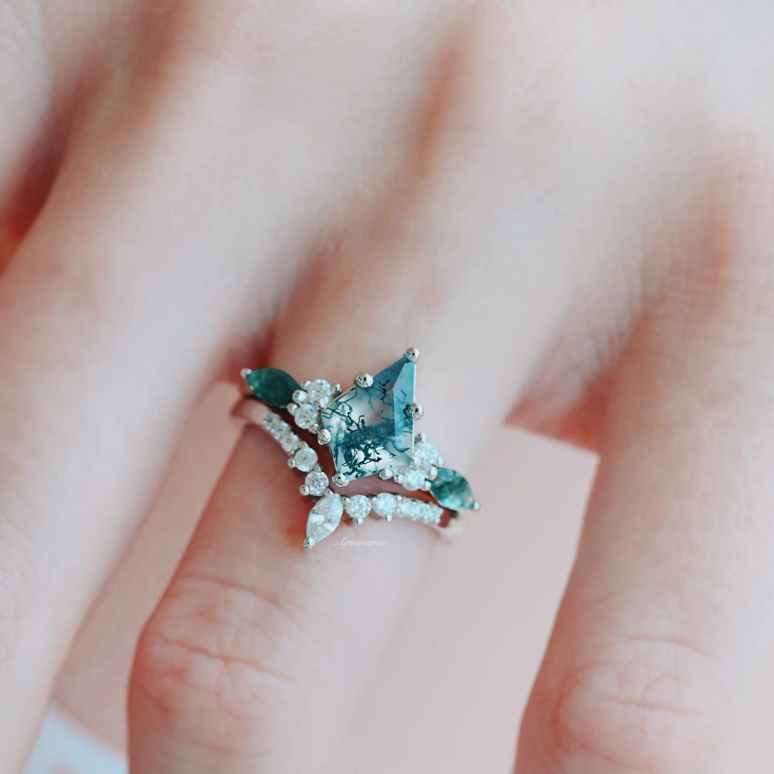 Skye Kite™ Moss Agate Couples Ring - Matching Promise Rings for Him & Her - Natural Stone Wedding Band Set - Perfect for Anniversaries, Engagements & Romantic Gifts