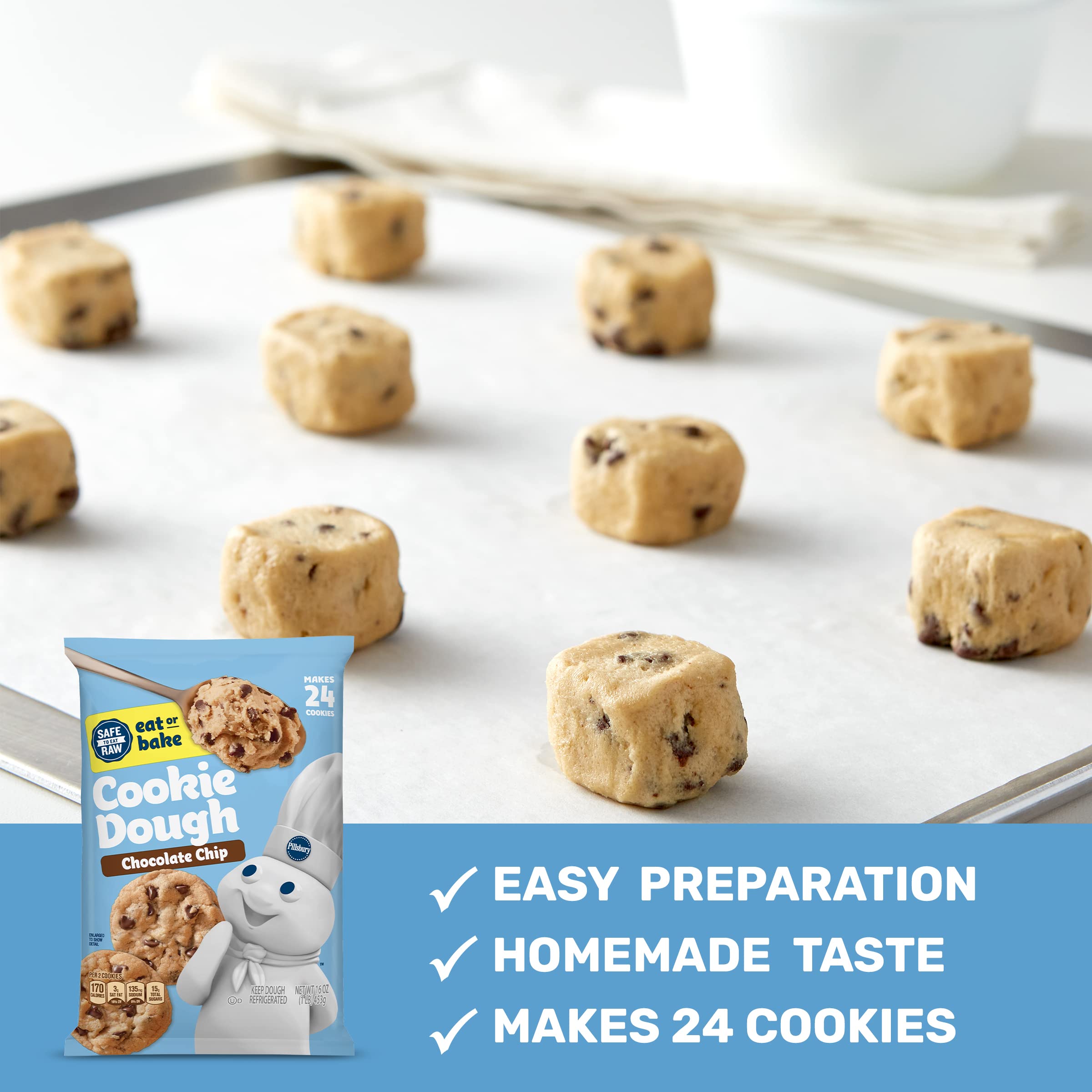 Pillsbury Chocolate Chip Cookie Dough - Ready to Bake or Eat, 16 oz (Makes 24 Cookies) - Perfect for Parties, Snacks & Holiday Baking