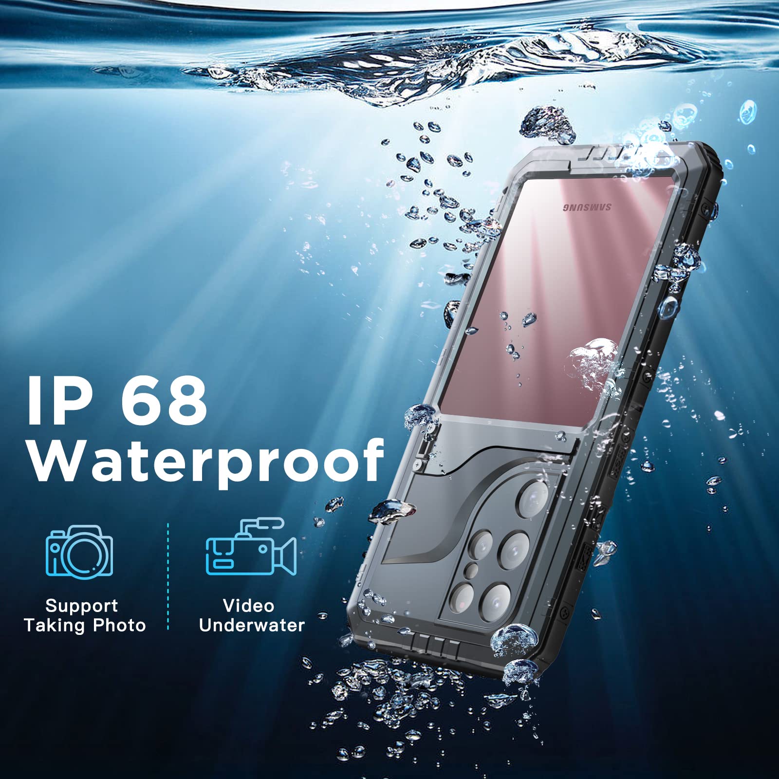 **Mitywah Heavy Duty Shockproof Waterproof Case for Samsung Galaxy S22 Ultra - Metal Kickstand, Built-in Screen Protector, Full Body Protection (Black) - Perfect for Outdoor, Travel & Extreme Sports**