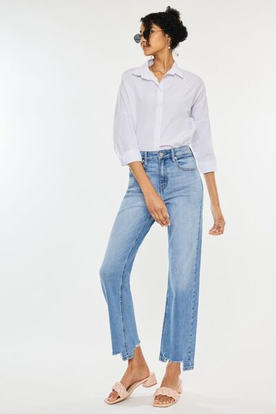Kancan Women's High Waist Raw Hem Straight Leg Jeans - Trendy Denim Pants for Casual Outfits & Everyday Wear