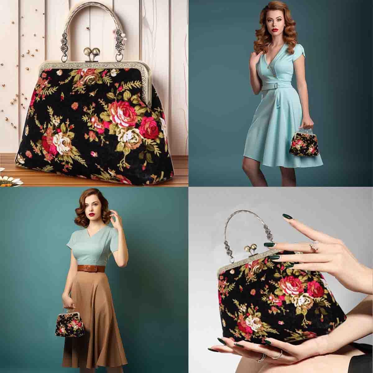 Vintage Floral Kiss Lock Purse - Women's Top Handle Handbag for Travel & Vacation