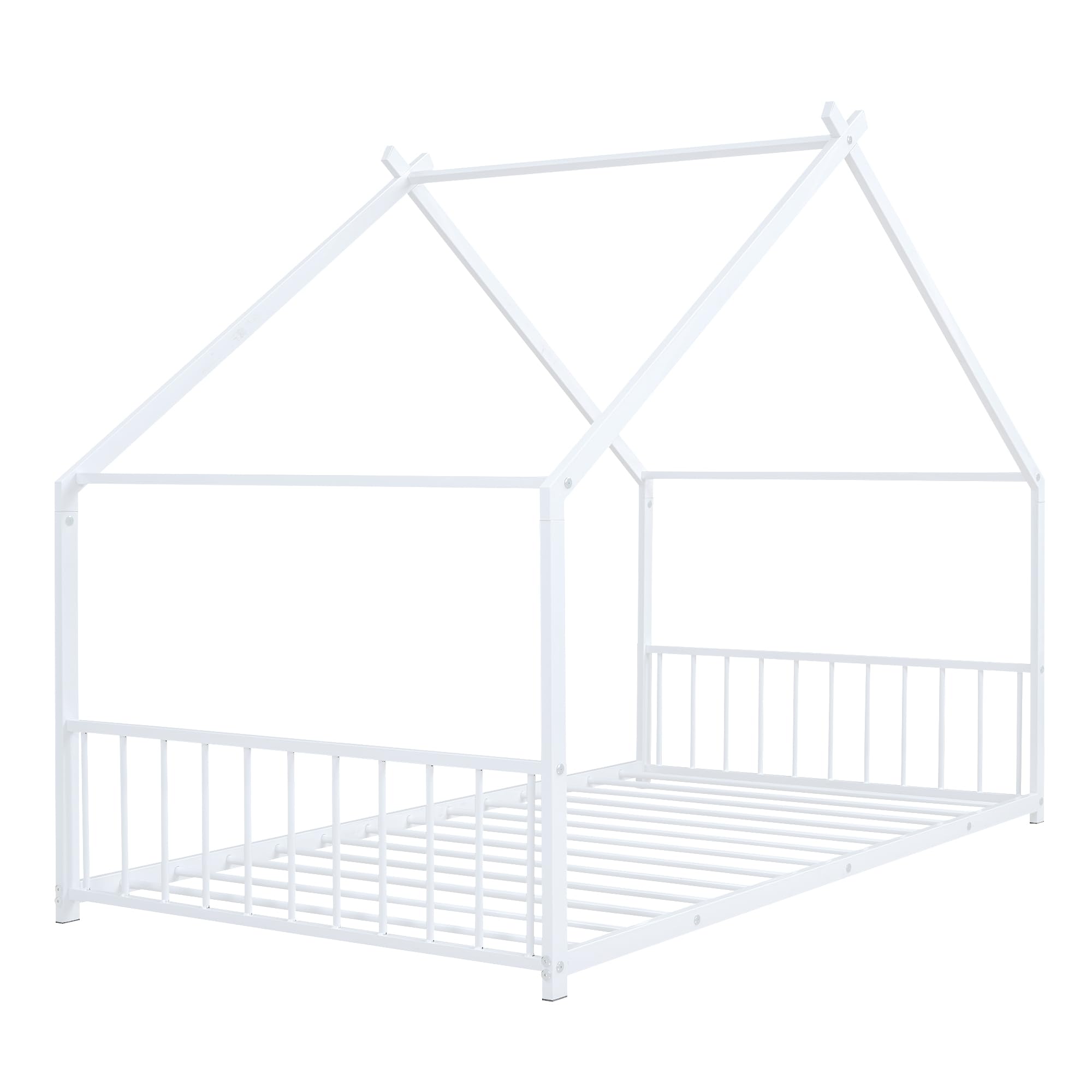 Montessori Twin Size Floor Bed for Kids - White Metal Frame with Headboard, Footboard & Slats - Safe & Sturdy House Bed for Toddlers & Children - Perfect for Montessori Bedrooms, Playrooms & Cozy Sleep Spaces