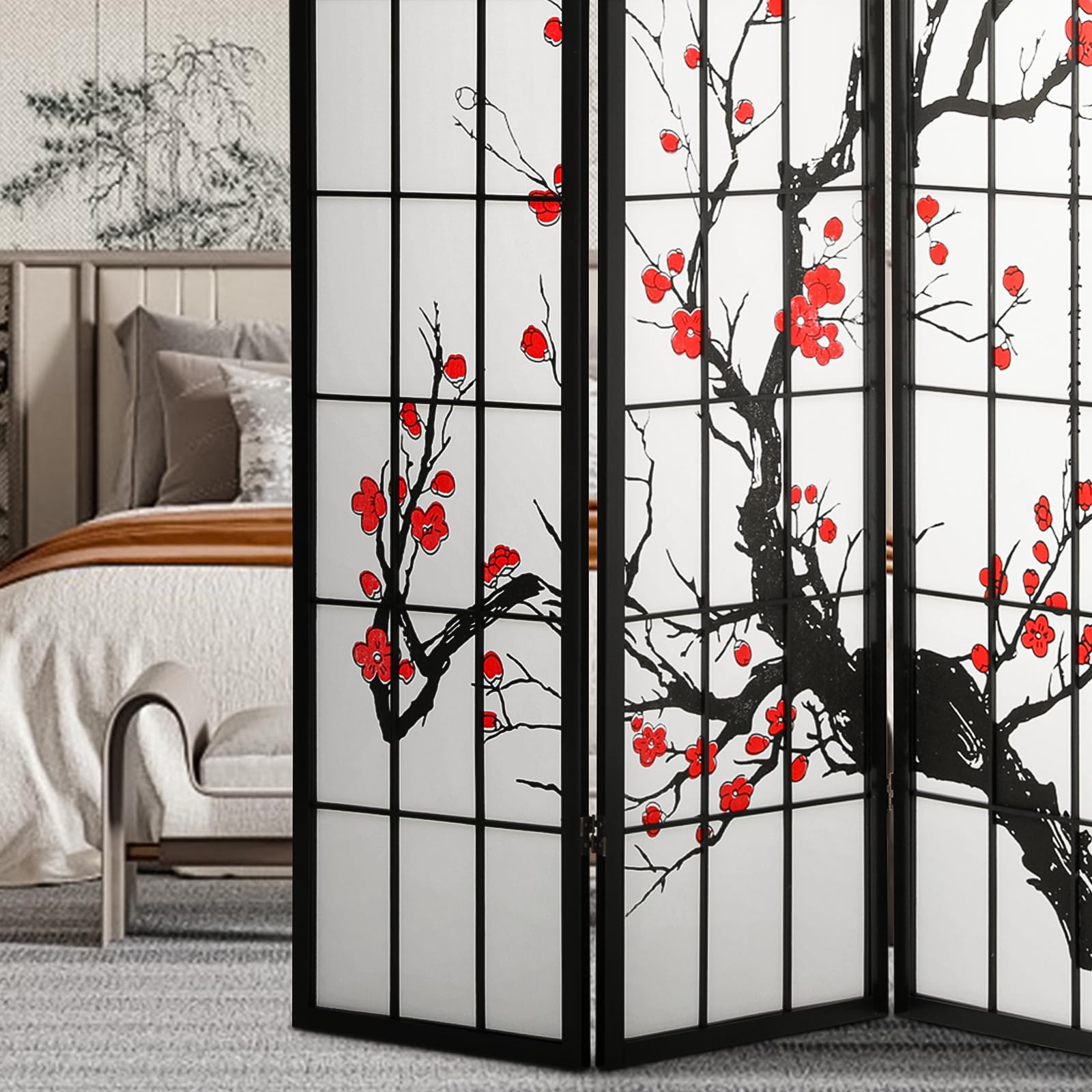4 Panel Chinese Style Room Divider - Freestanding Privacy Screen with Plum Blossom Design for Bedroom, Office & Dressing Area | Temporary Wall Partition & Space Separator