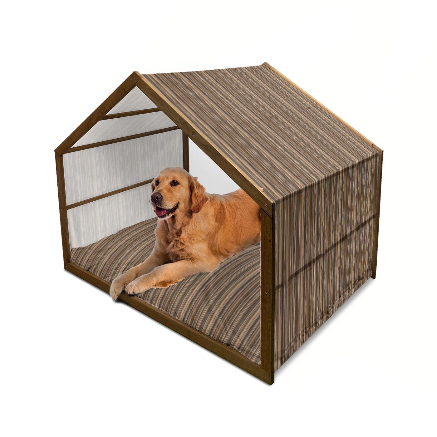 Ambesonne Abstract Wooden Dog House with Vertical Lines in Earthen Tones - Indoor & Outdoor Portable Pet Kennel with Pillow & Cover - 2X-Large Pale Caramel Chocolate - Perfect for Backyards, Patios, and Home Decor