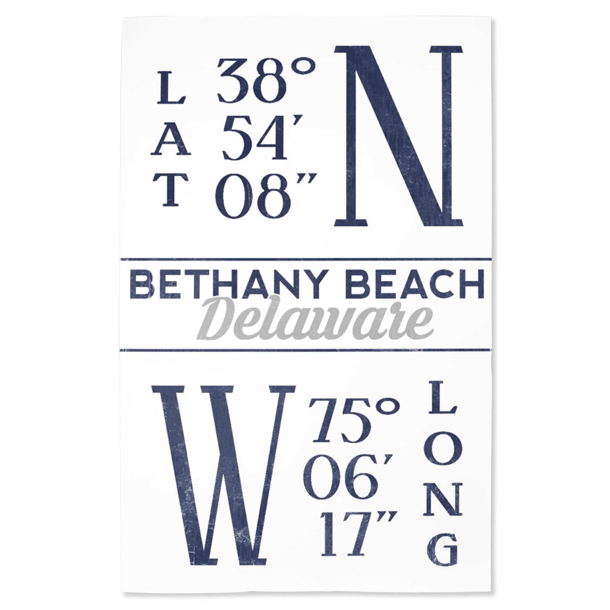 Lantern Press 16x24 Inch Giclee Art Print - Bethany Beach Delaware Coastal Wall Decor with Latitude & Longitude Coordinates (Blue) - Perfect for Beach House, Living Room or Office Wall Art