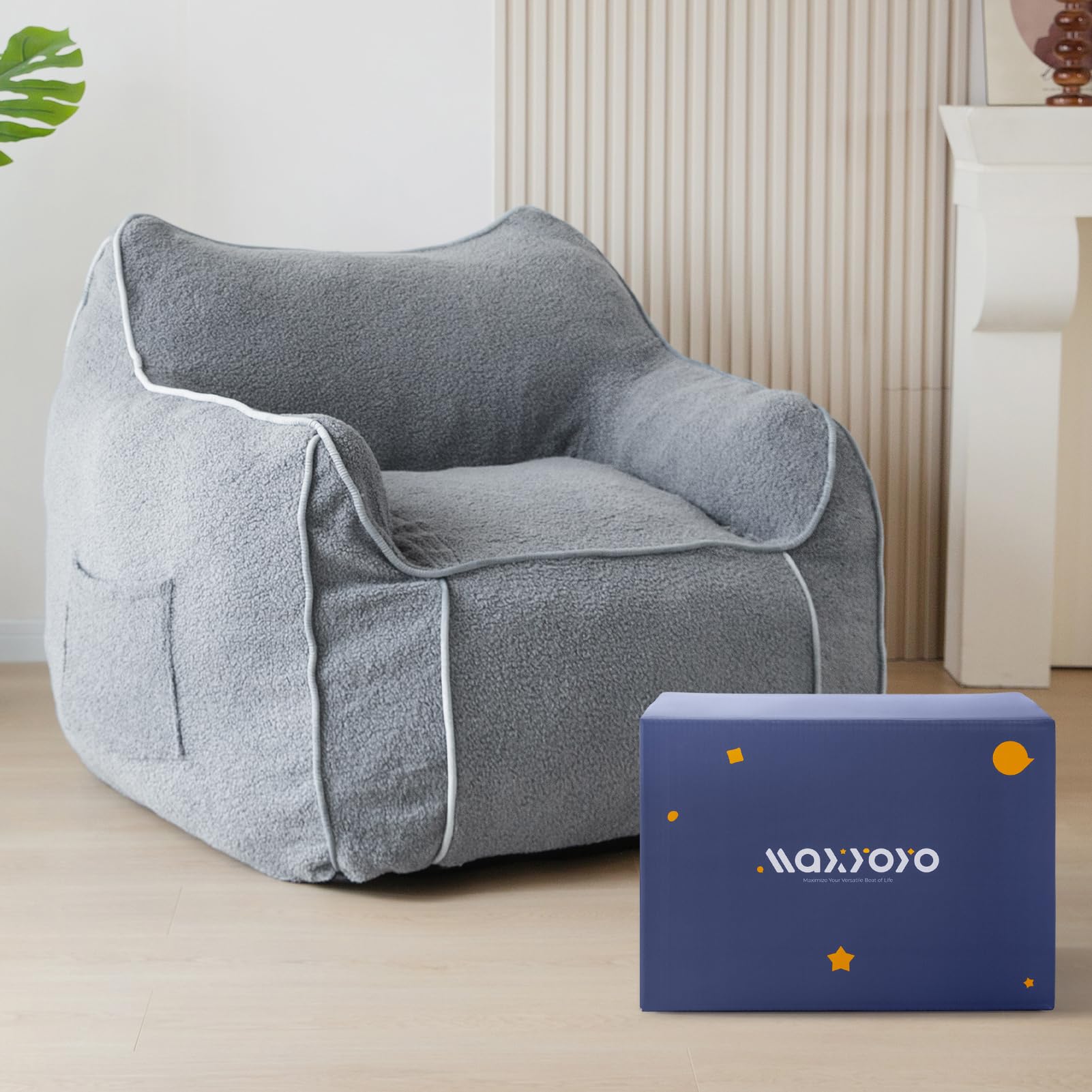 MAXYOYO Extra Large Bean Bag Chair for Adults - Oversized Stuffed Bean Bag Couch with Removable Cover & Armrests, Comfy Floor Sofa for Living Room, Dorm, Bedroom - Perfect for Relaxing, Reading & Gaming (Grey)